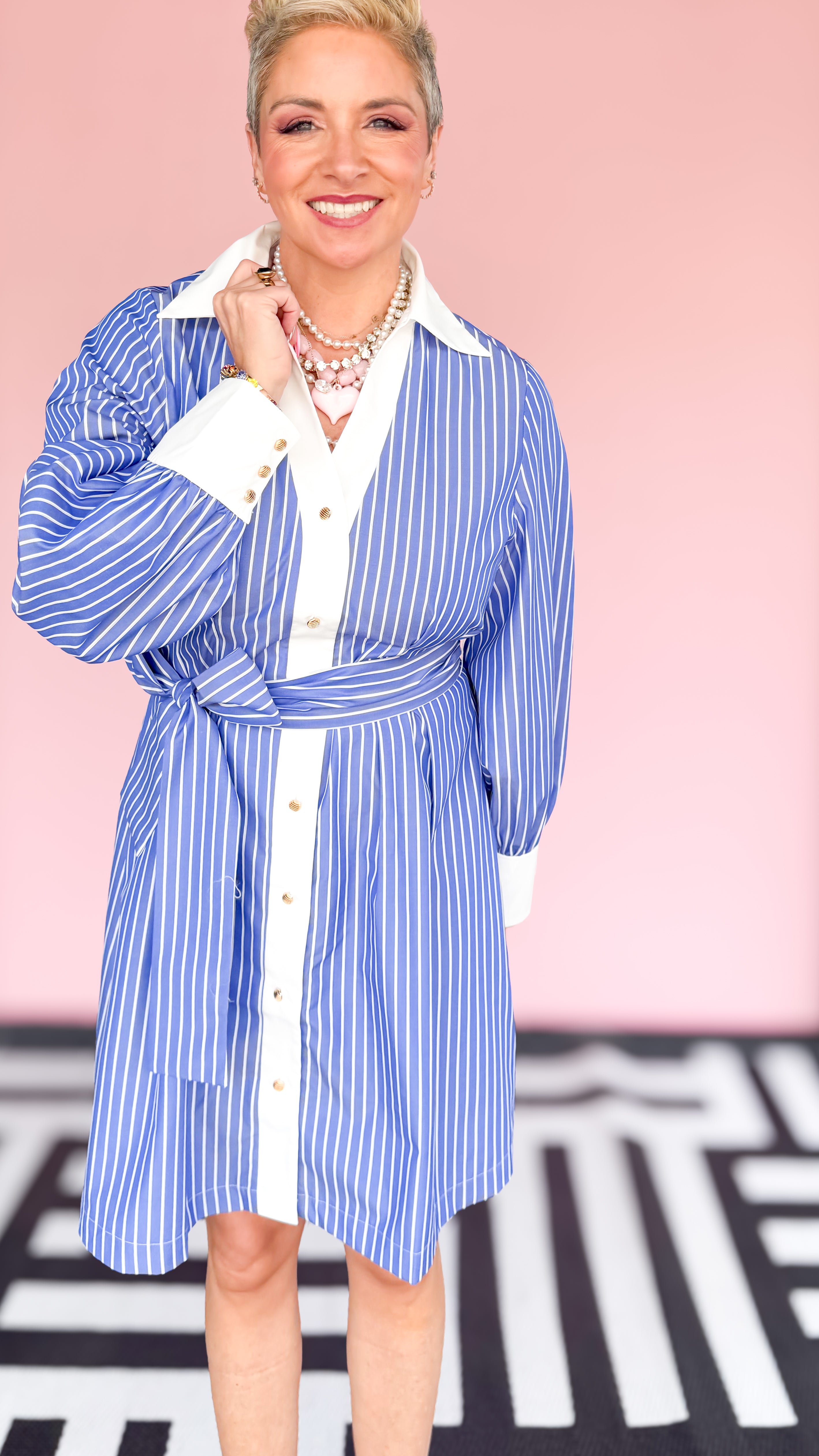 Tie Waist Striped Shirt Dress/Blue