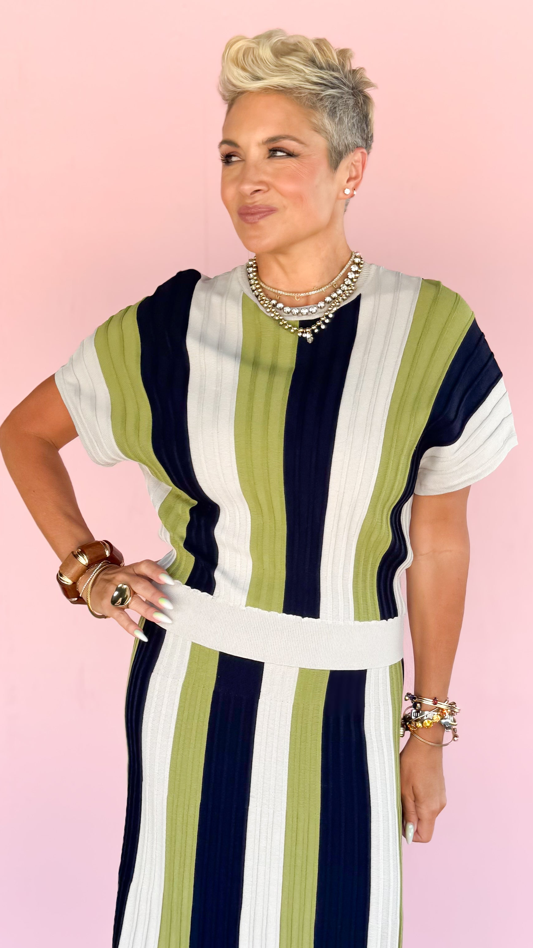 Color Block Sweater Top/Navy&Green