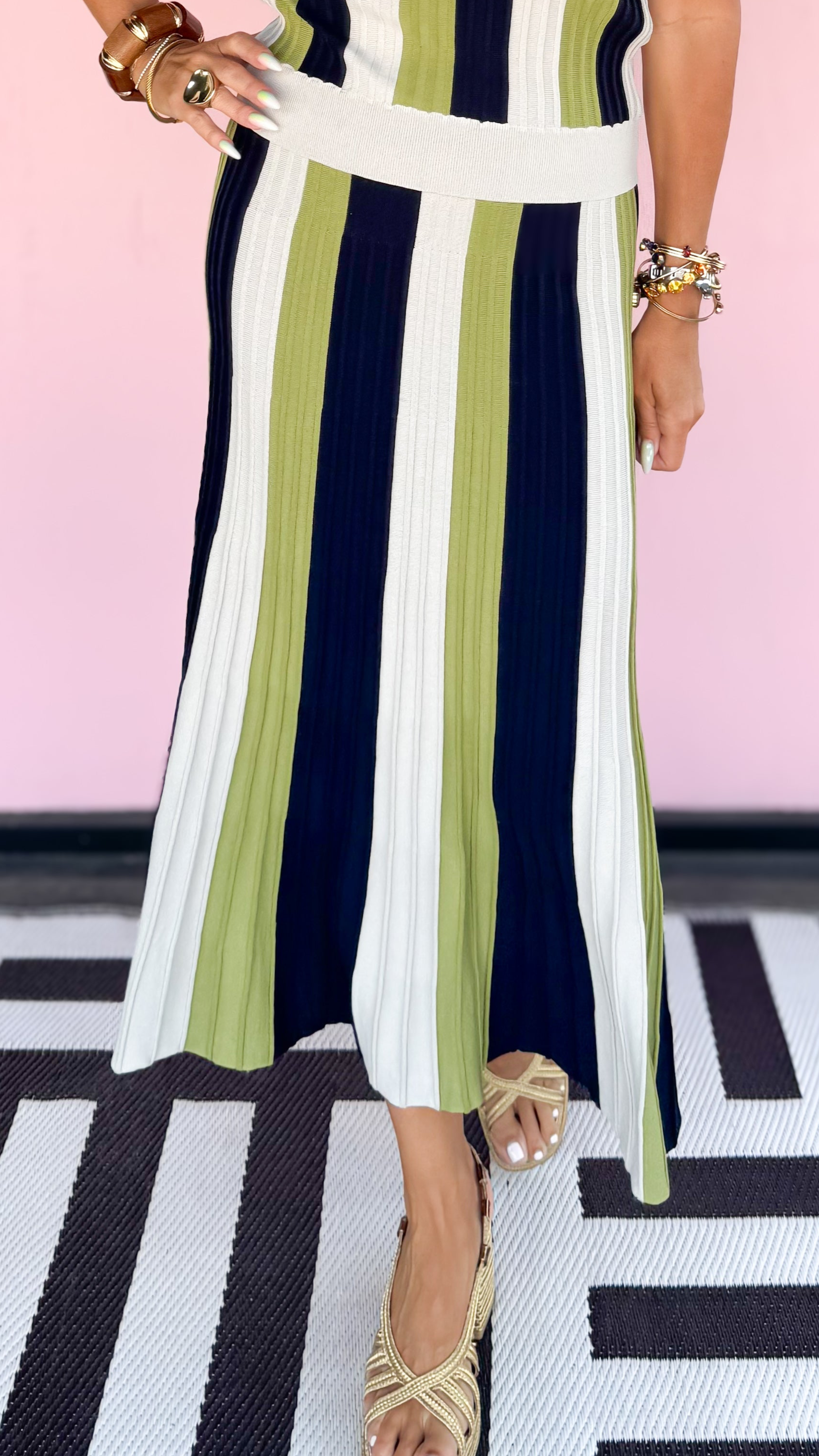 Color Block Midi Skirt/Navy&Green