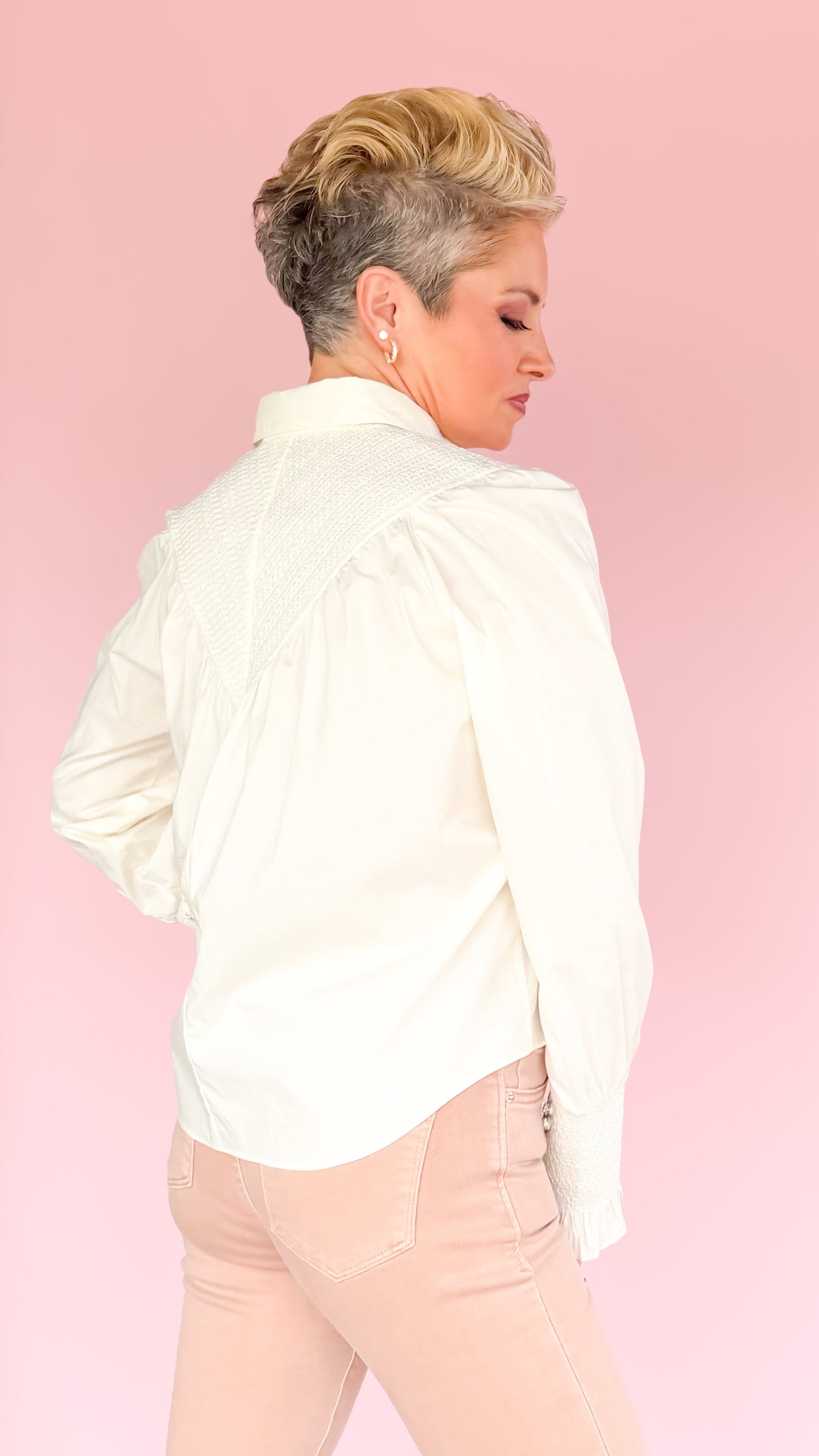 Smocked Blouse w/Sparkle Buttons/Cream