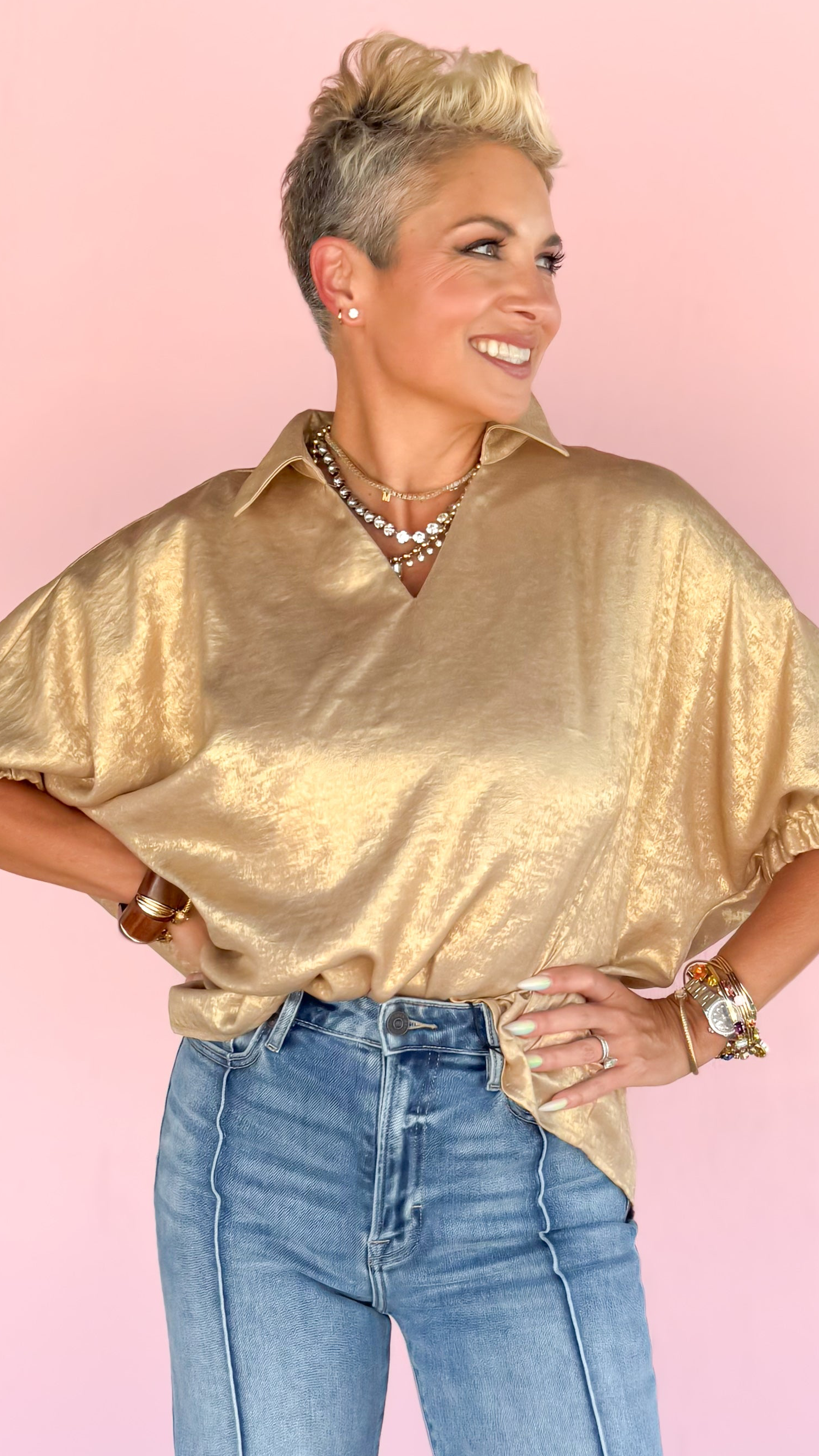 V-Neck Metallic Top/Gold