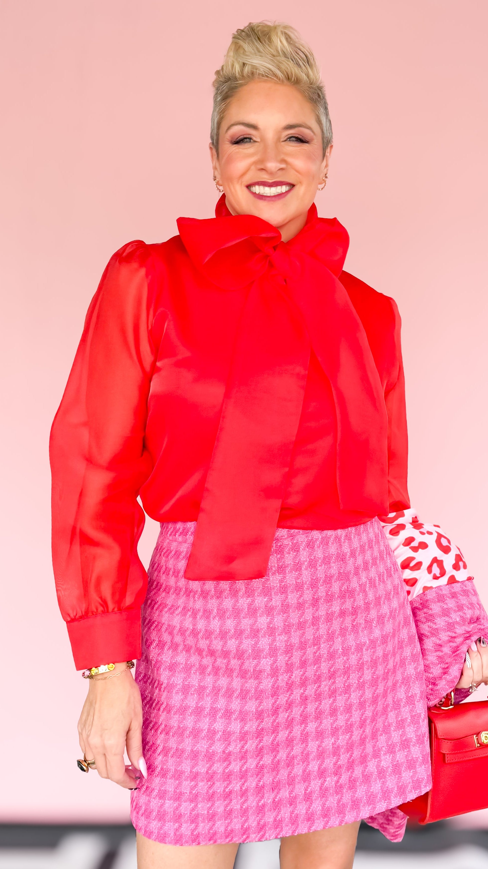 Button Down Blouse with Bow/Red