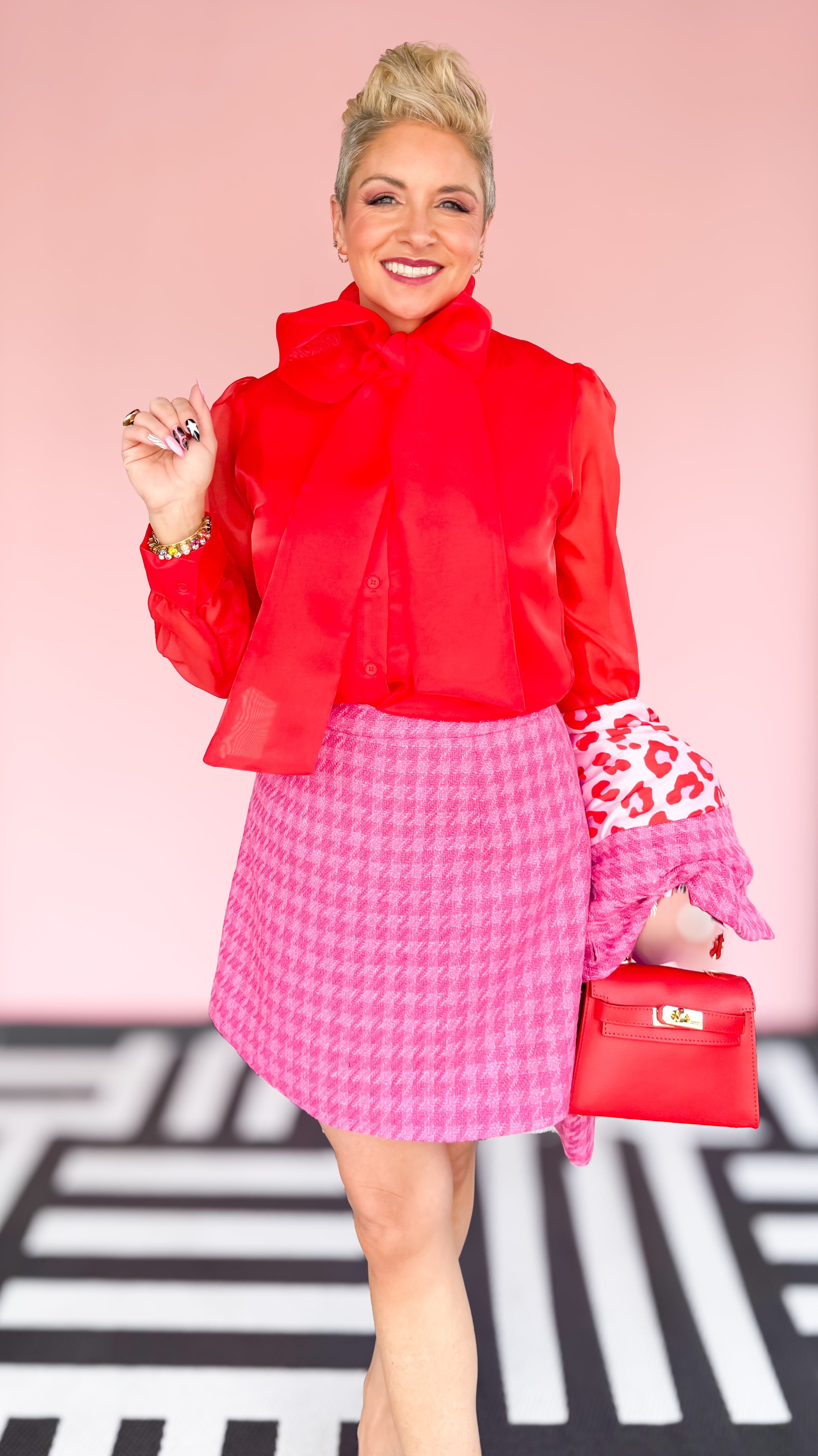 Button Down Blouse with Bow/Red