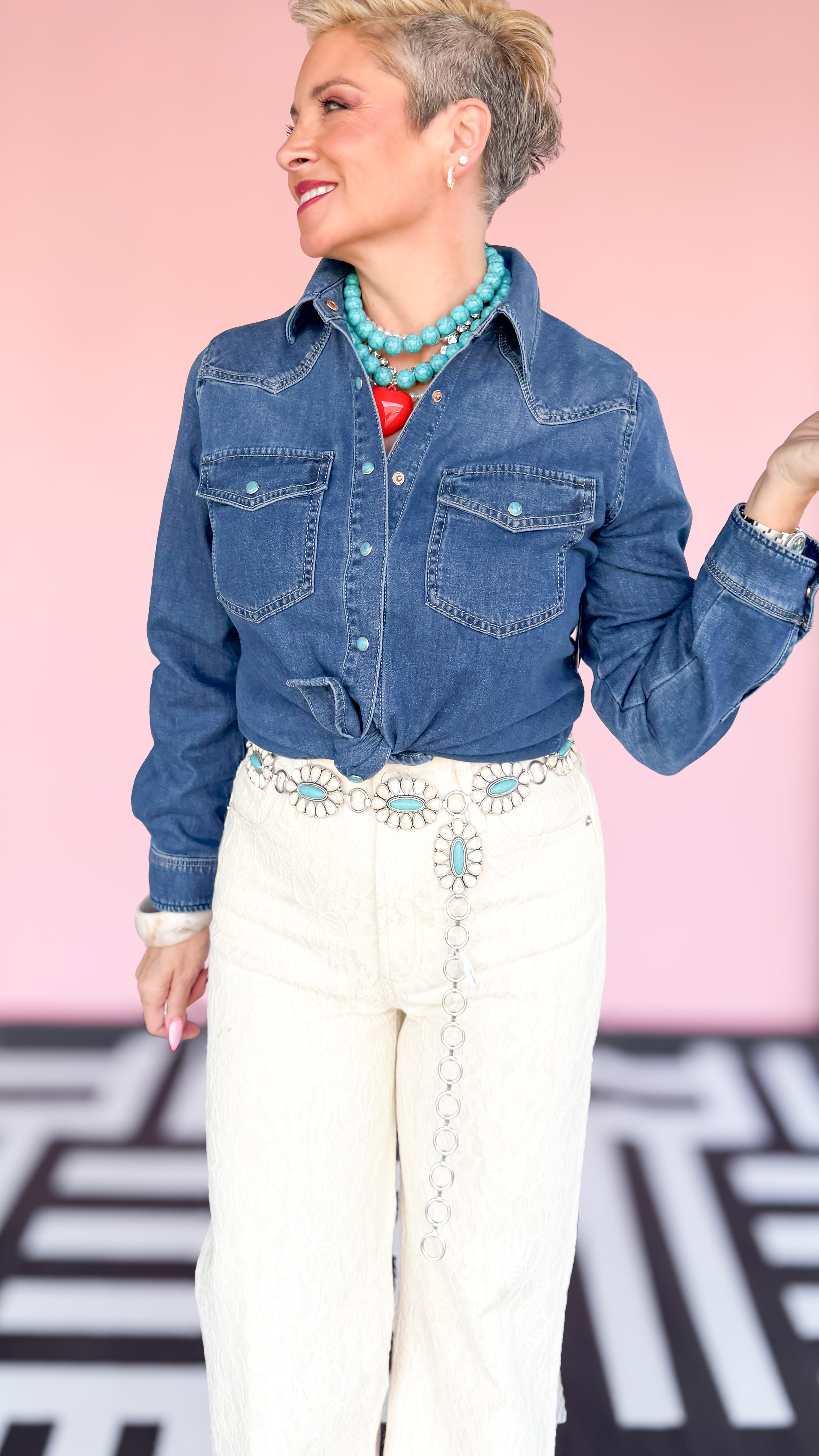 Denim Shirt with Turquoise Snaps/Blue