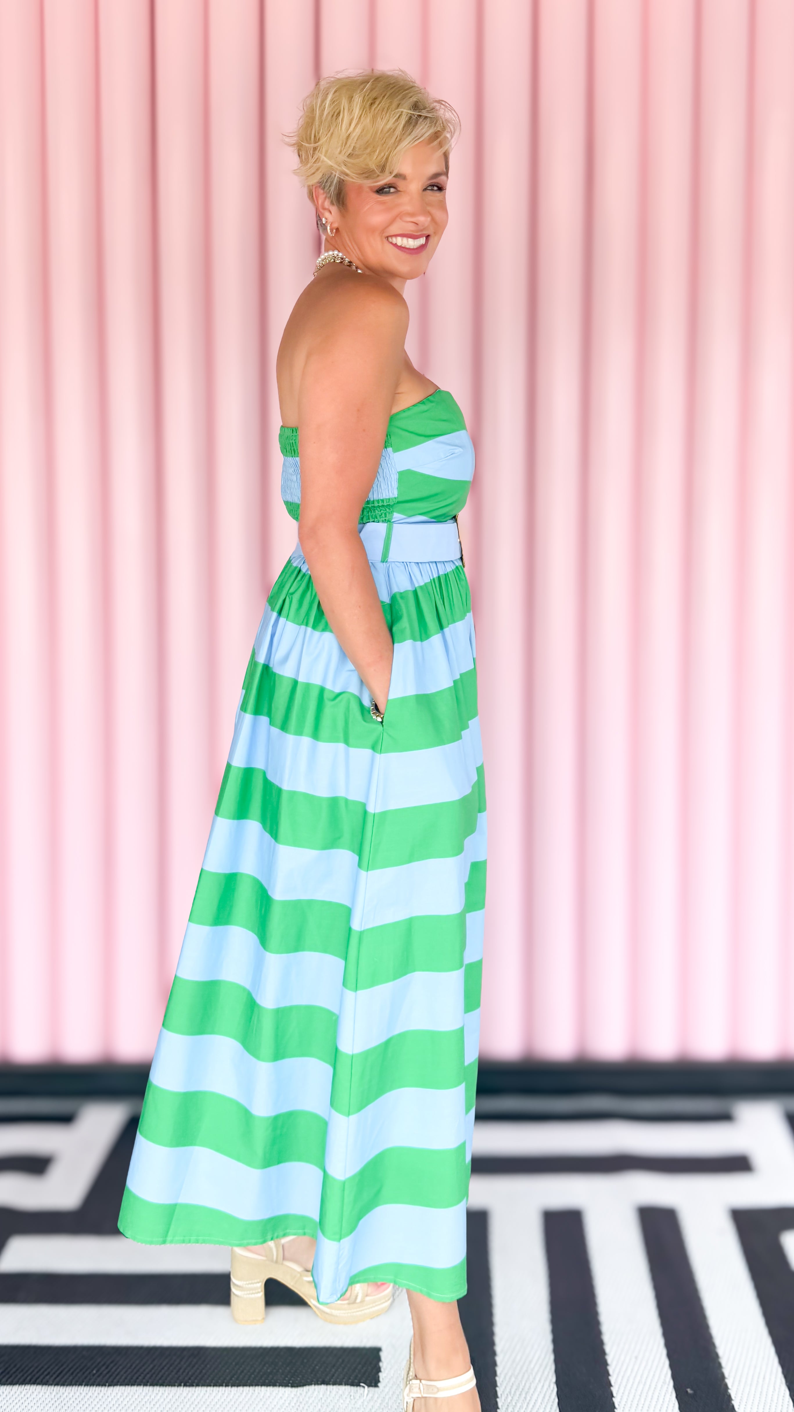 Heather green stripe dress worn on model - styled view - BLVD Boutik