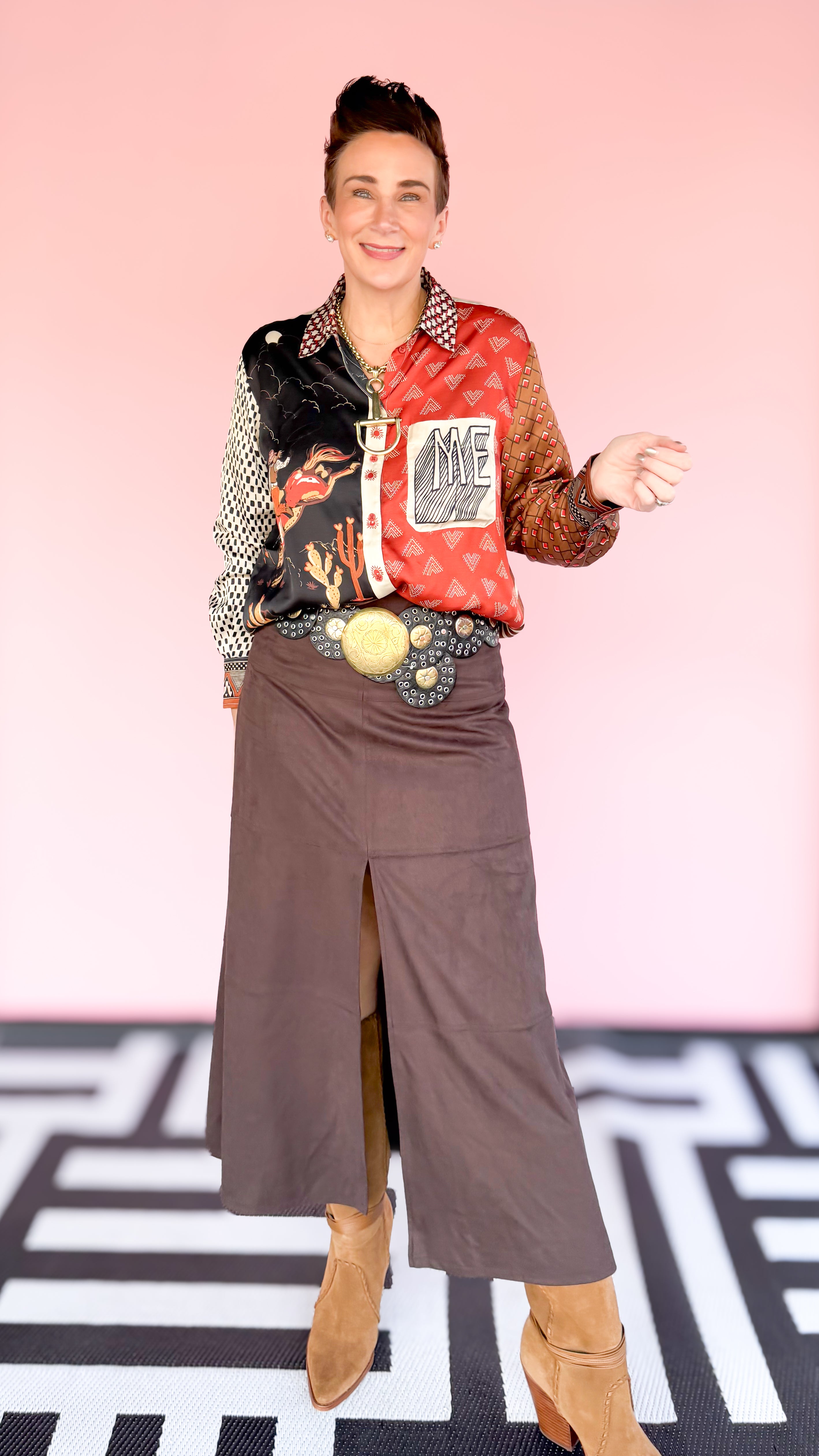 Suede Midi Skirt with Slit/Chocolate