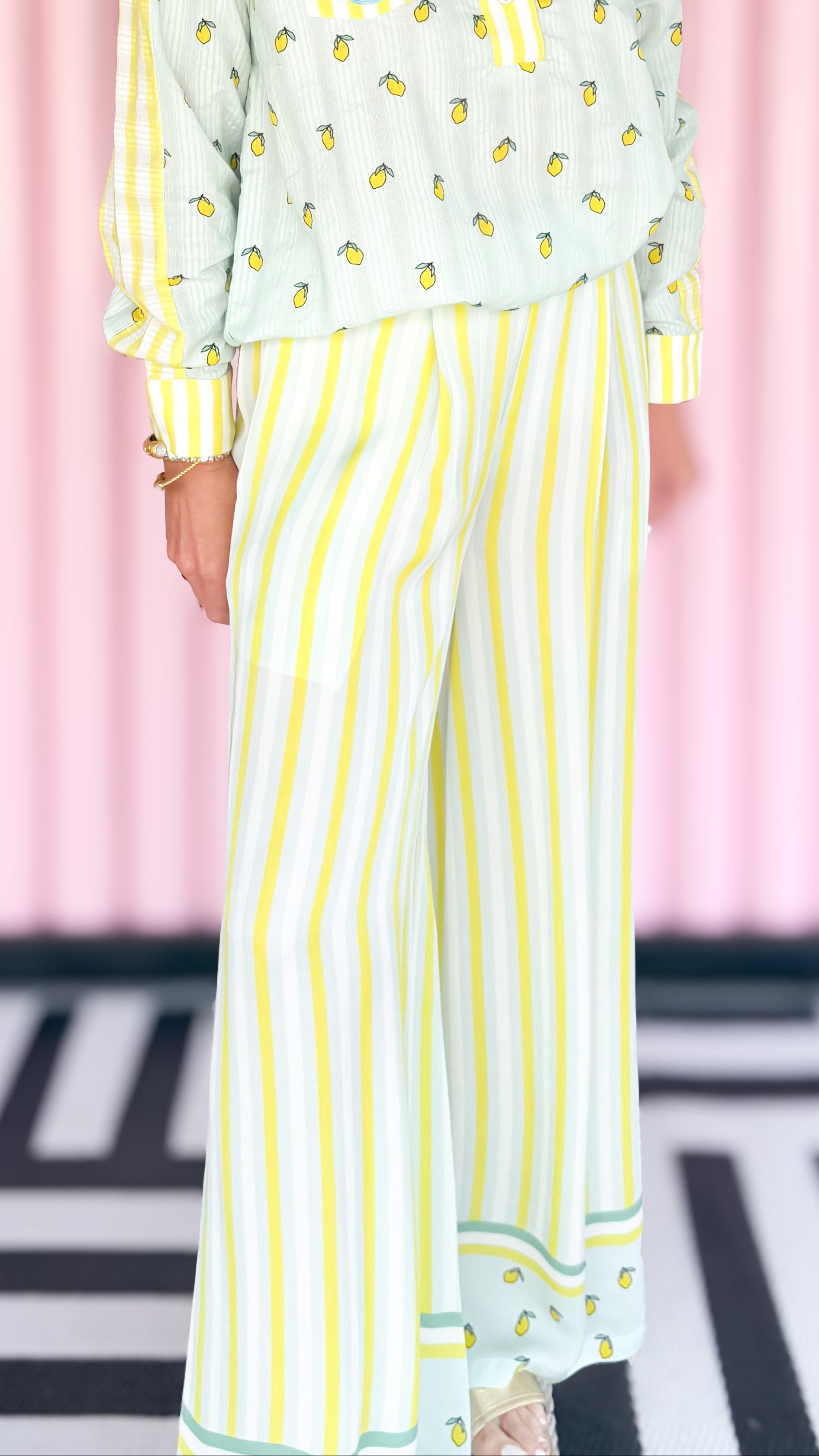 Lemon striped pants worn on model - styled view - BLVD Boutik