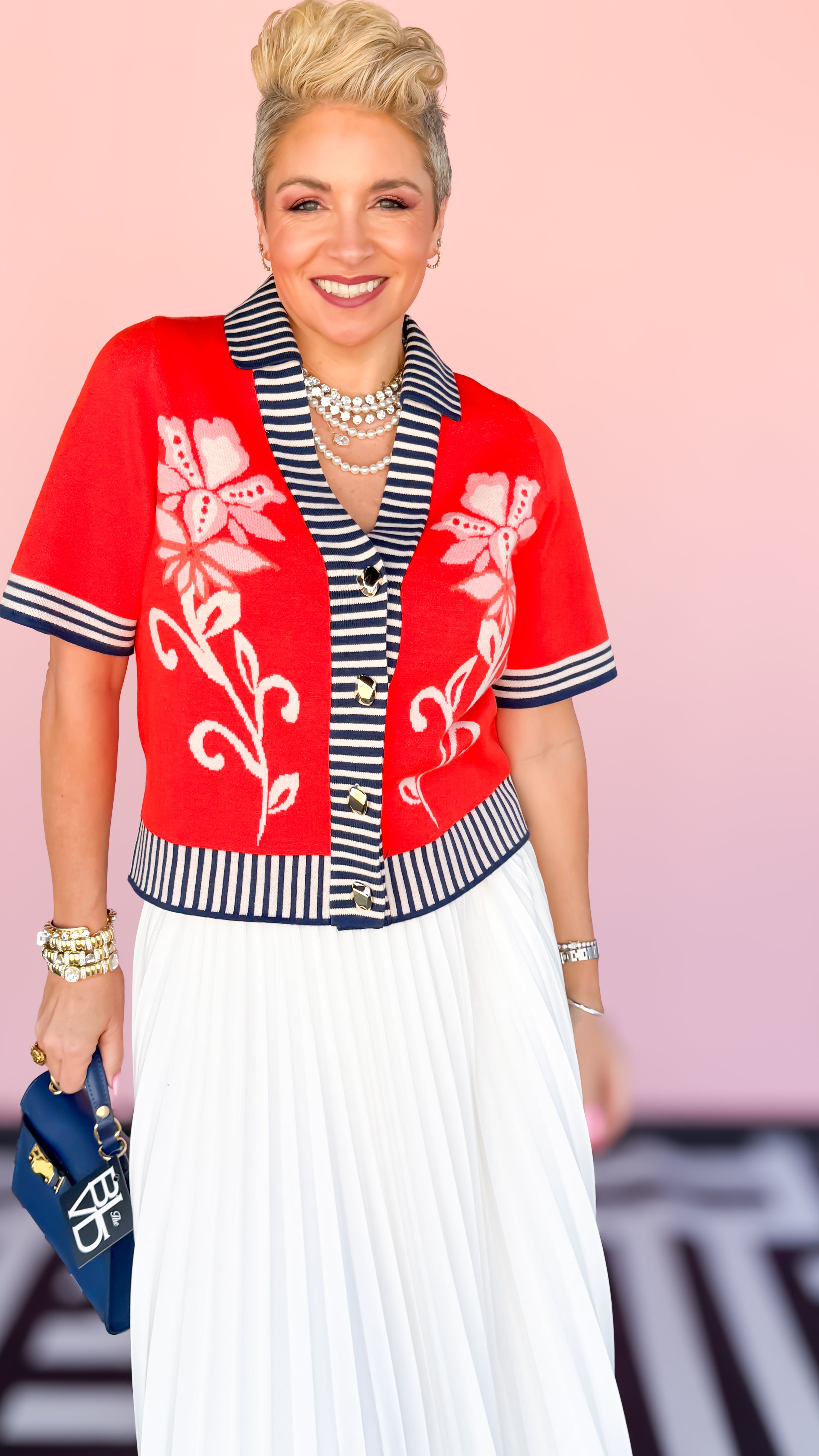 Stripe/Floral Short Sleeve Cardigan/RED - The BLVD