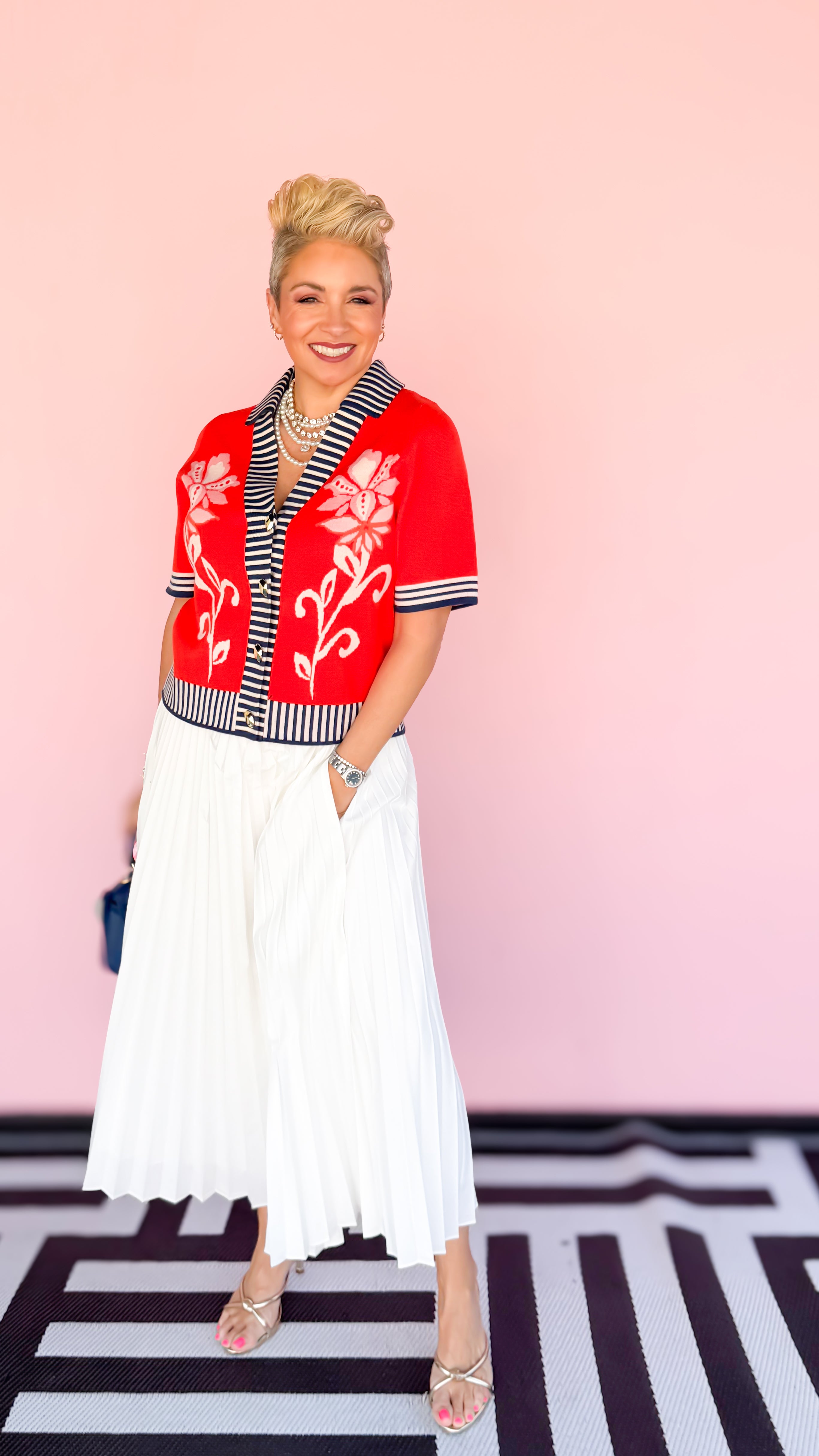 Stripe/Floral Short Sleeve Cardigan/RED - The BLVD