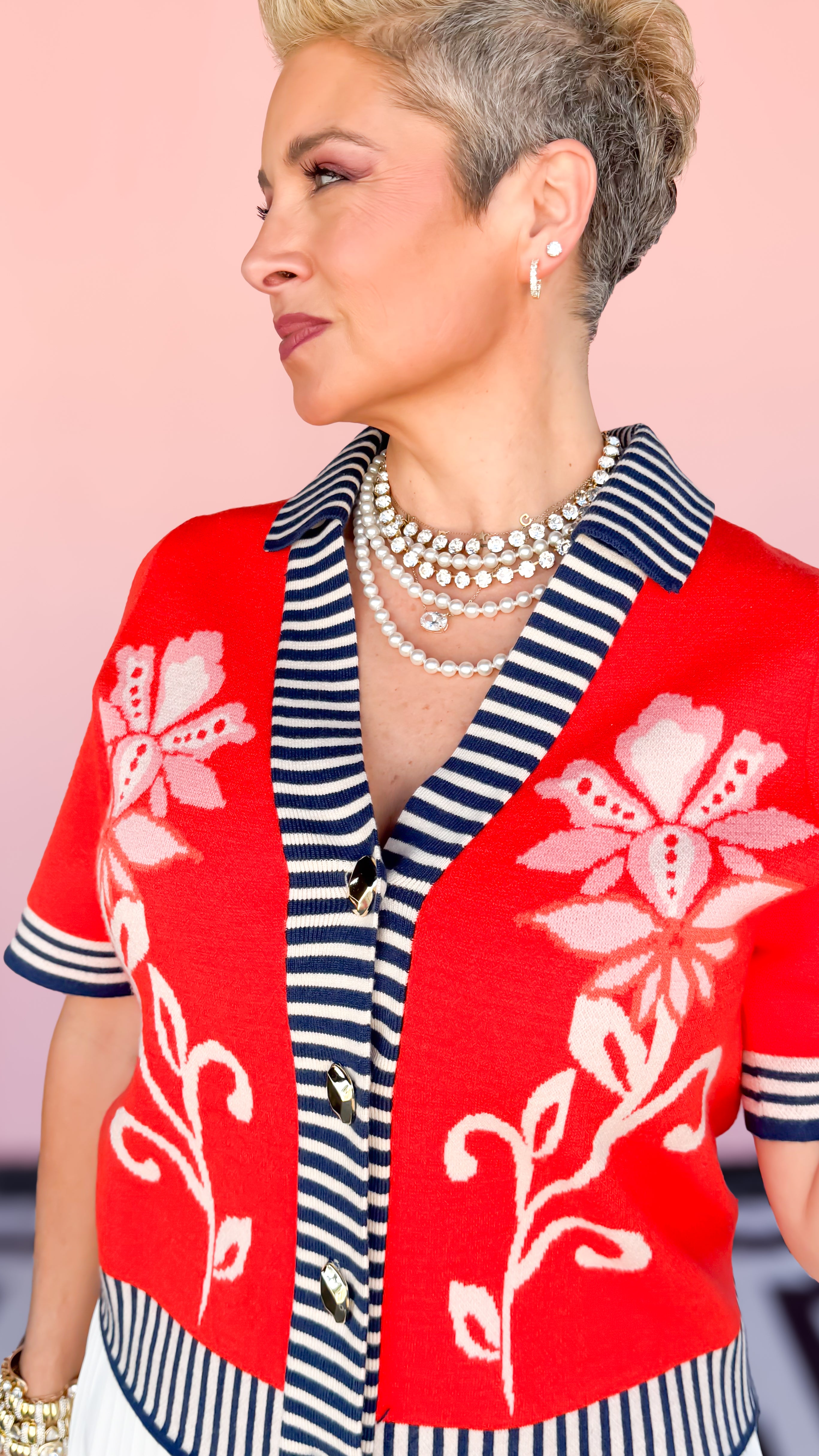 Stripe/Floral Short Sleeve Cardigan/RED - The BLVD