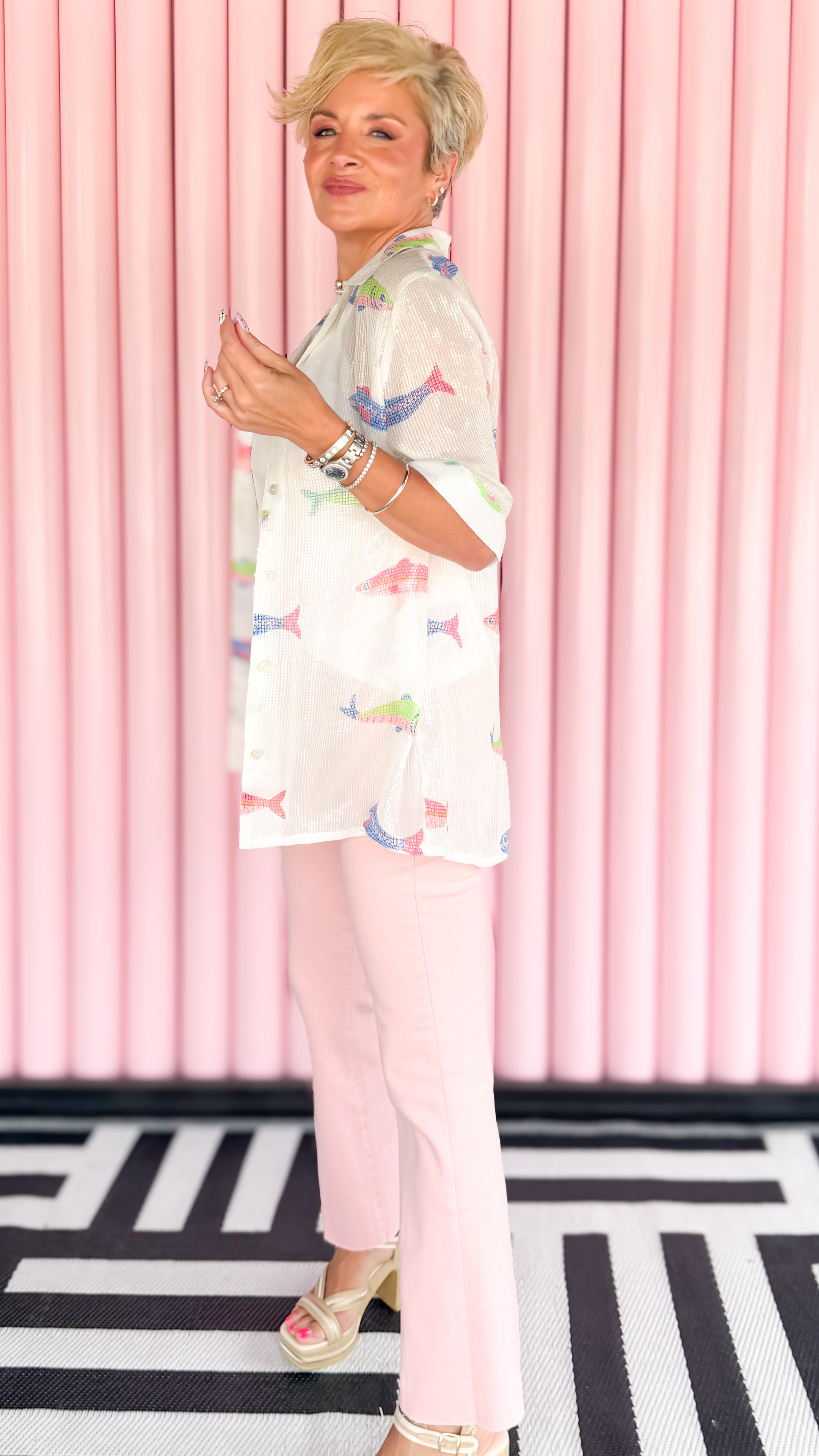 Sequin fish printed shirt worn on model - detail view - BLVD Boutik