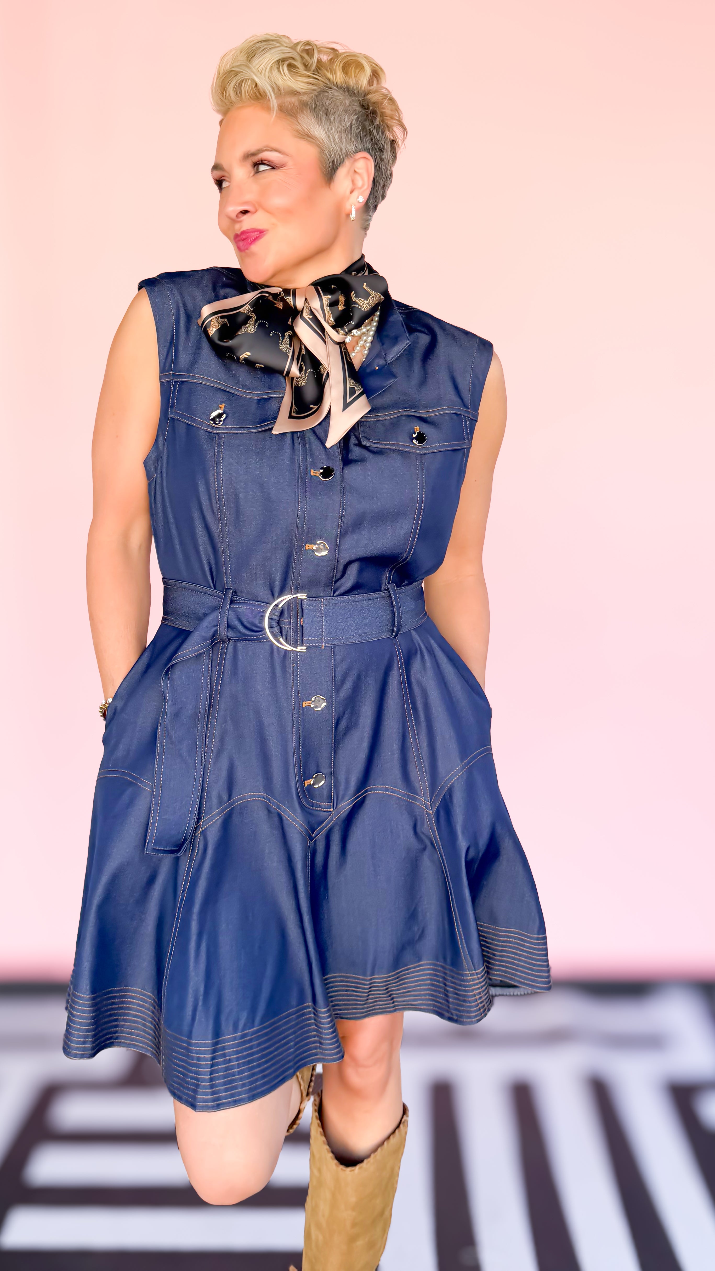 Vita - Belted Denim Mini Dress - The BLVD