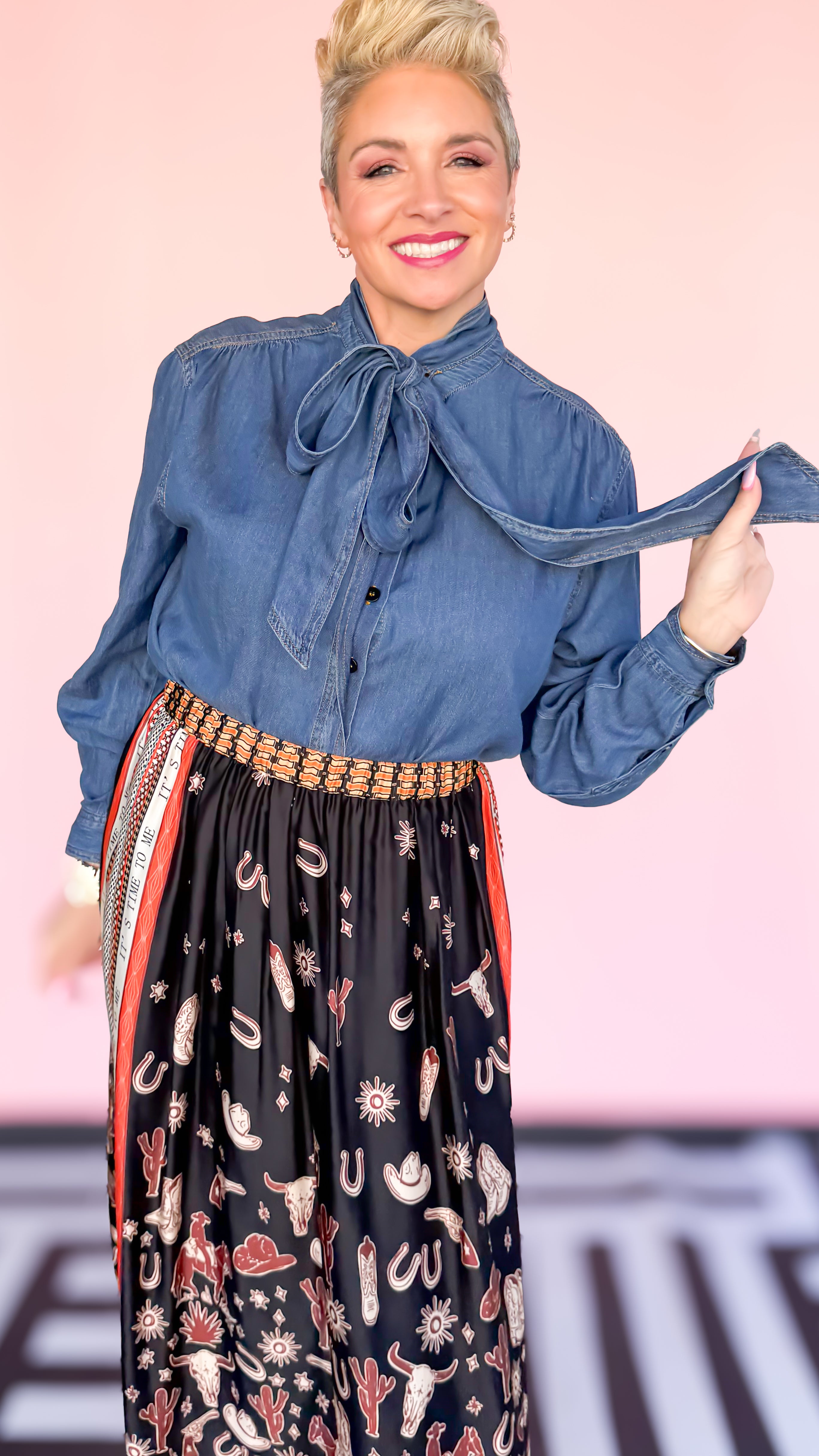 Tie Neck Hidden Button Chambray Blouse - The BLVD