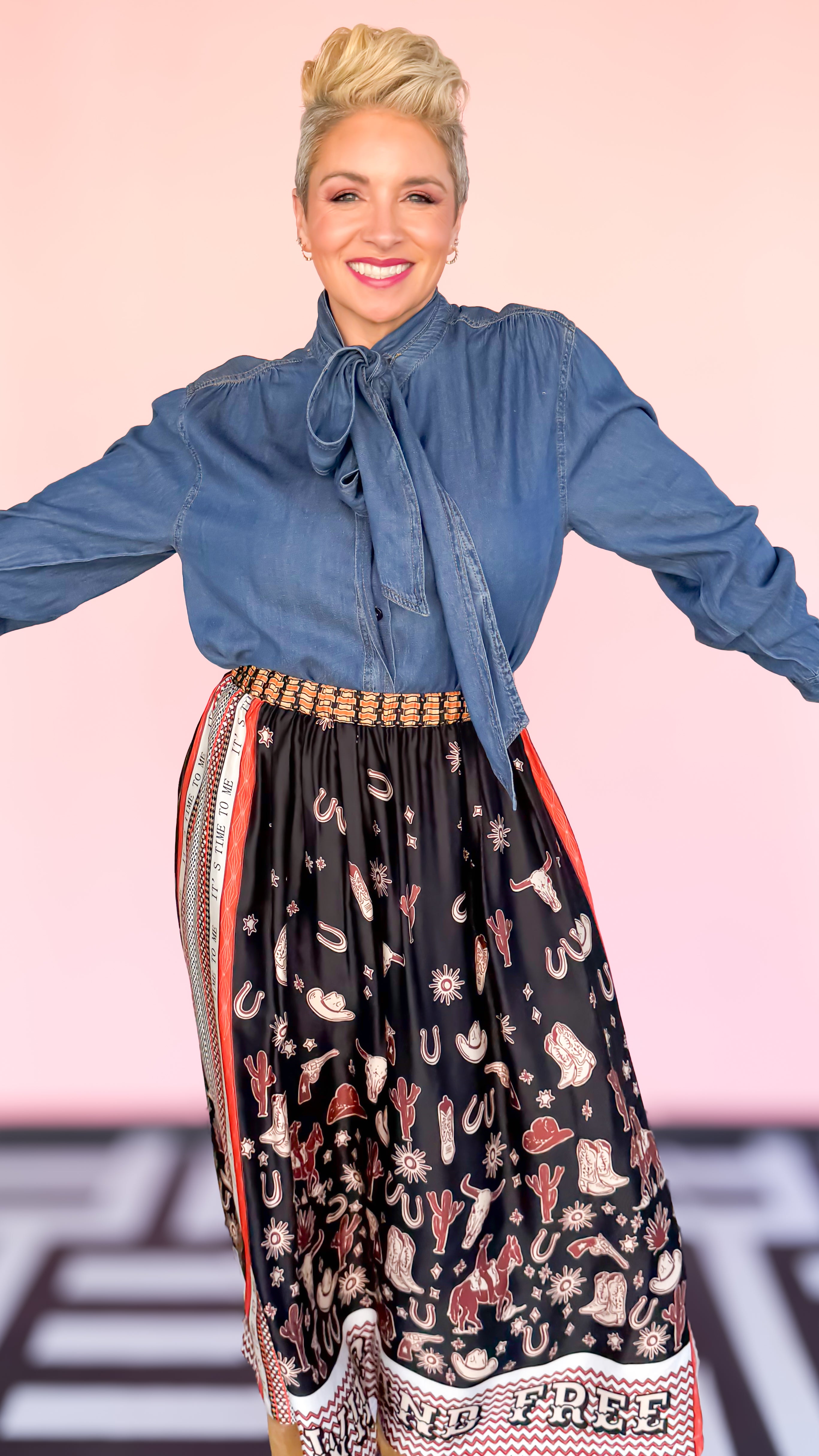 Tie Neck Hidden Button Chambray Blouse - The BLVD