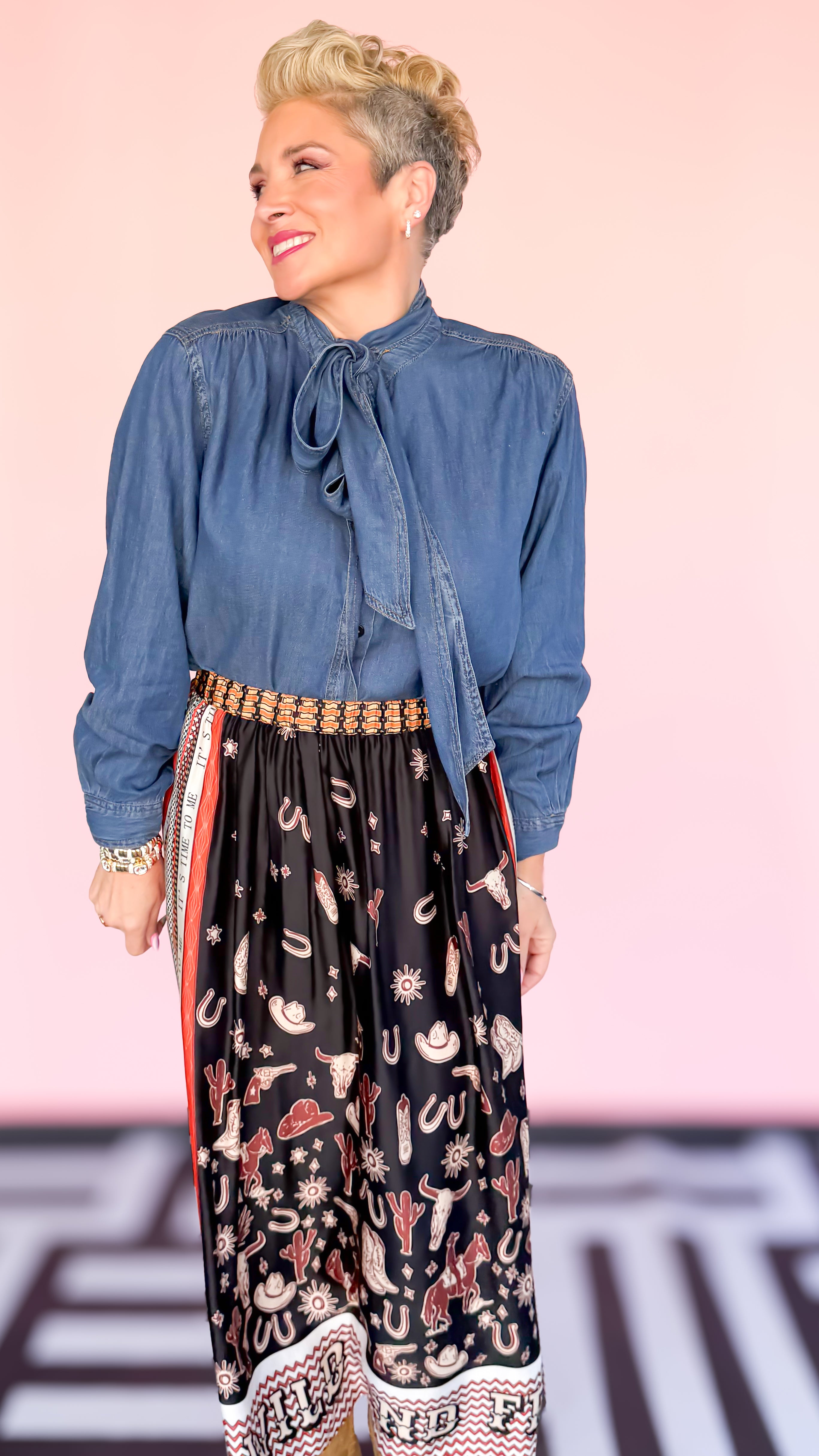 Tie Neck Hidden Button Chambray Blouse - The BLVD