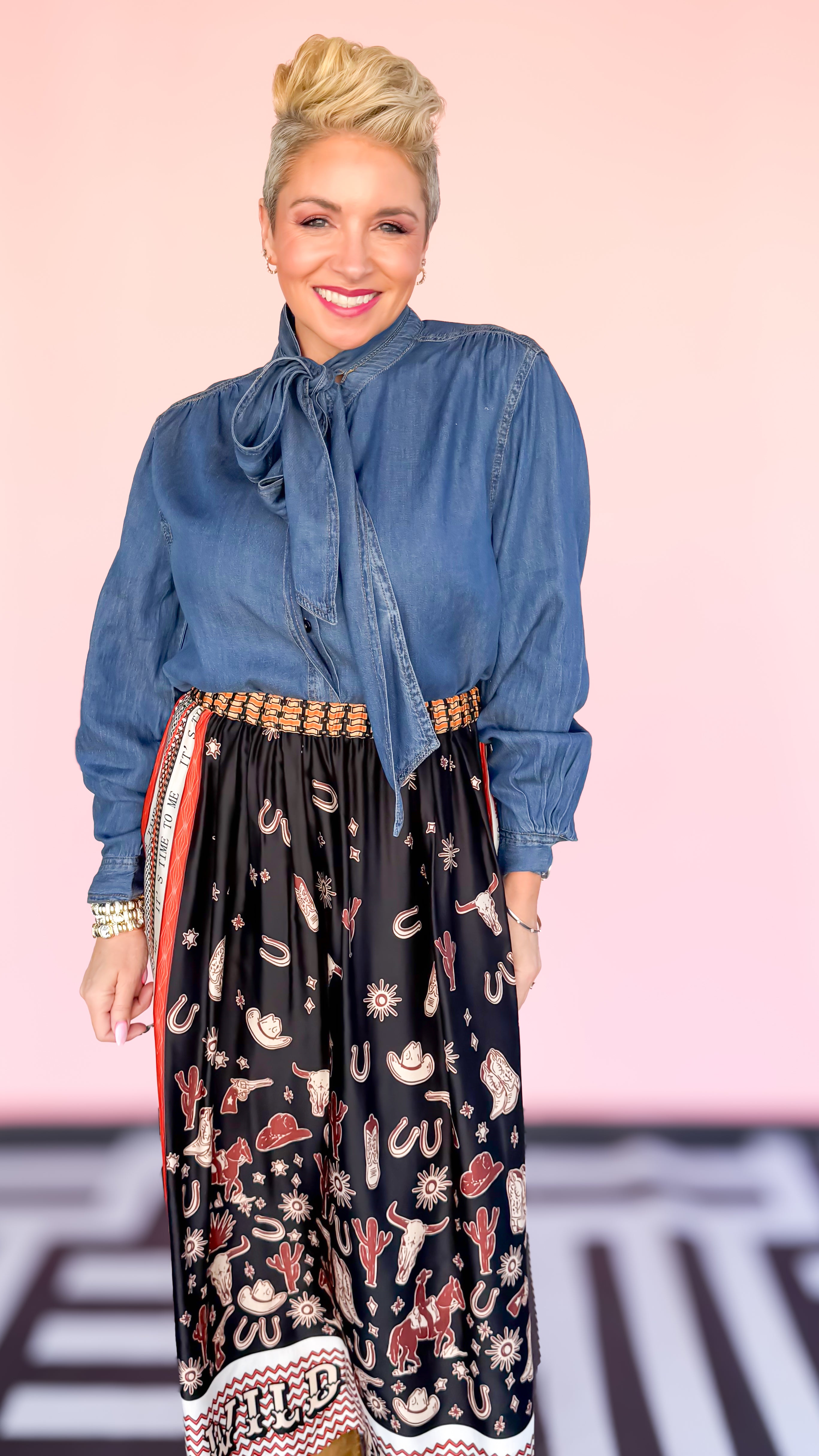 Tie Neck Hidden Button Chambray Blouse - The BLVD