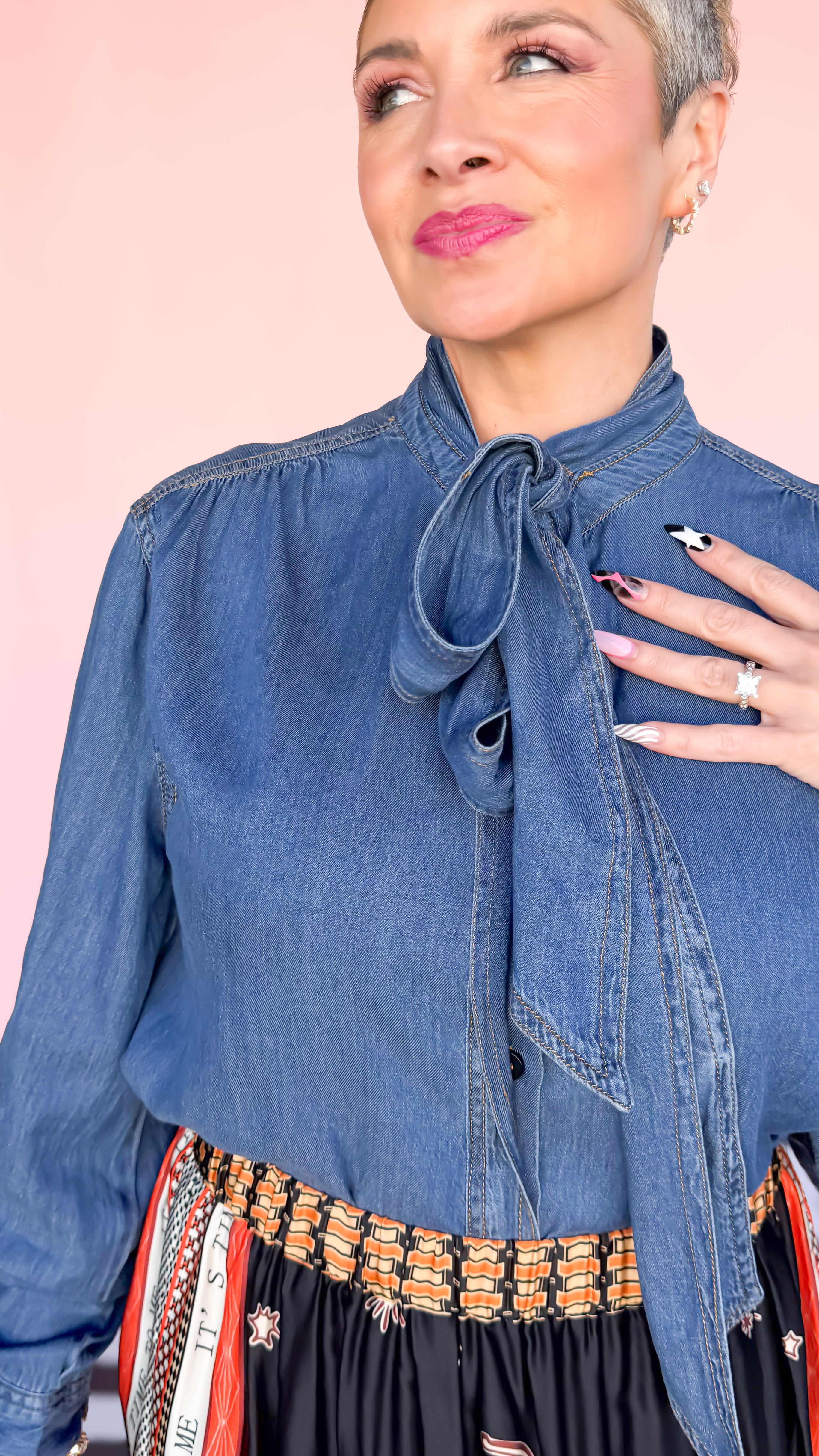 Tie Neck Hidden Button Chambray Blouse - The BLVD