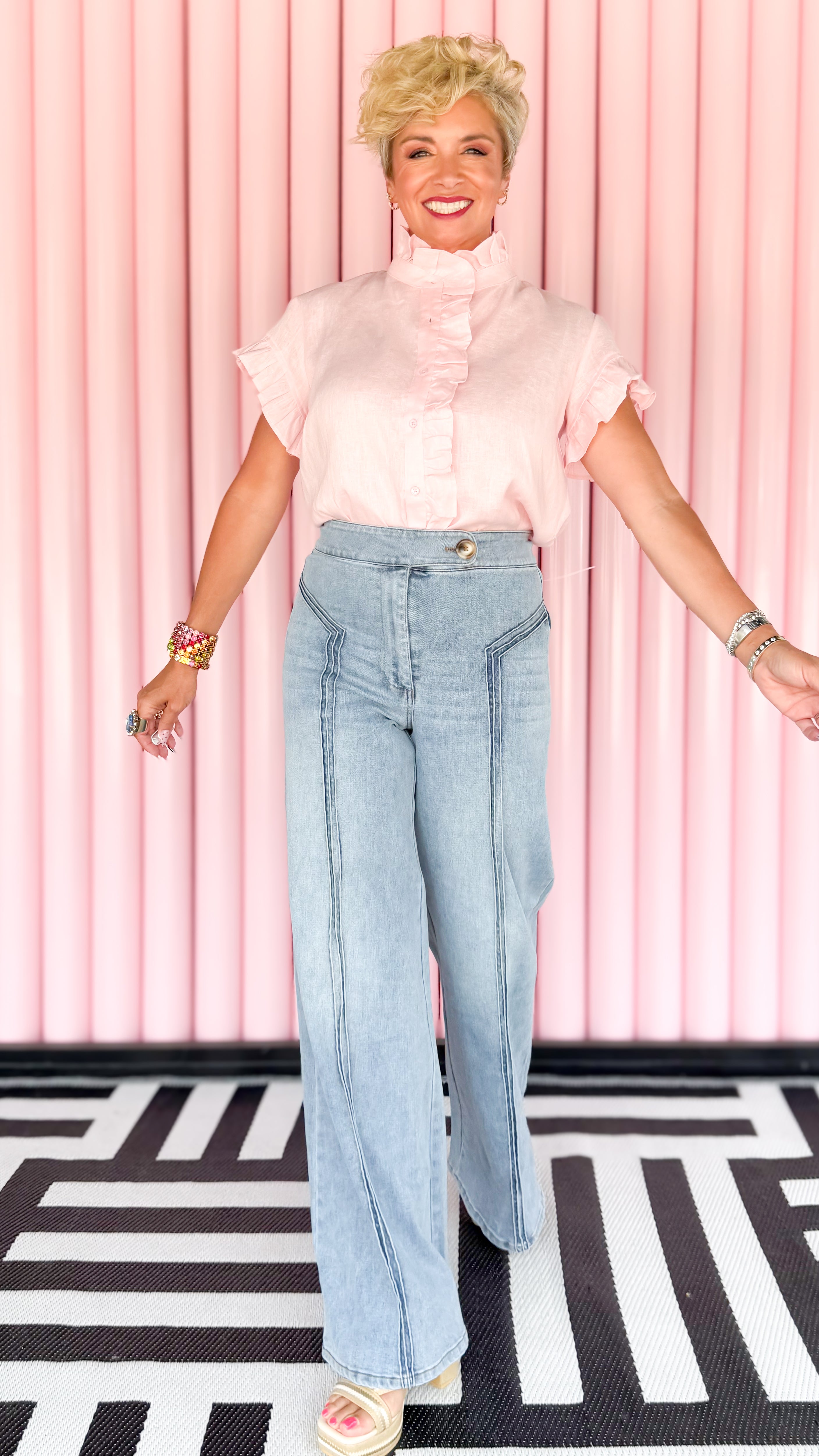 Linen Ruffle Placket Blouse/Ballet Pink