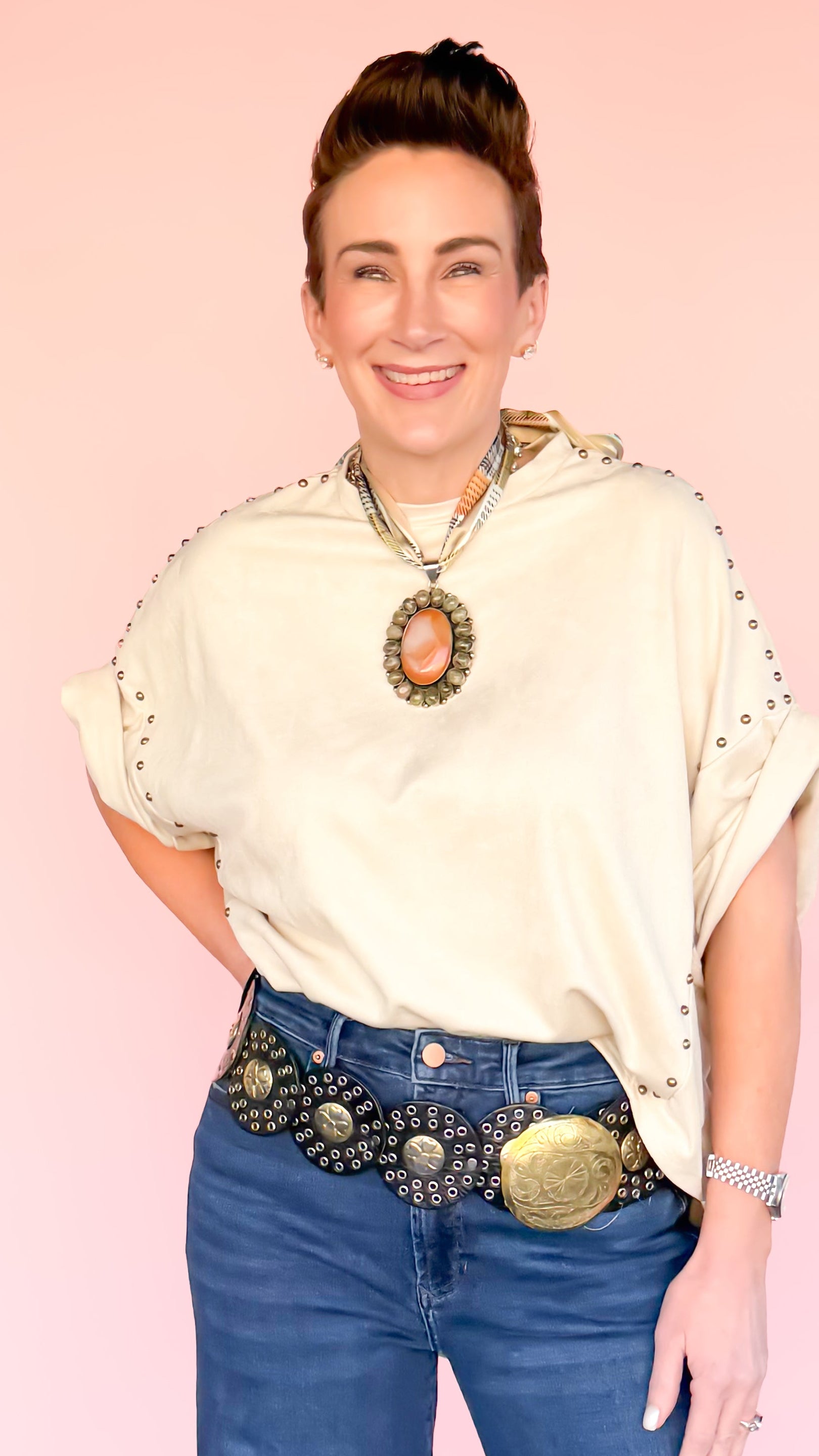 Studded High Low Oversized Tee/STONE - The BLVD