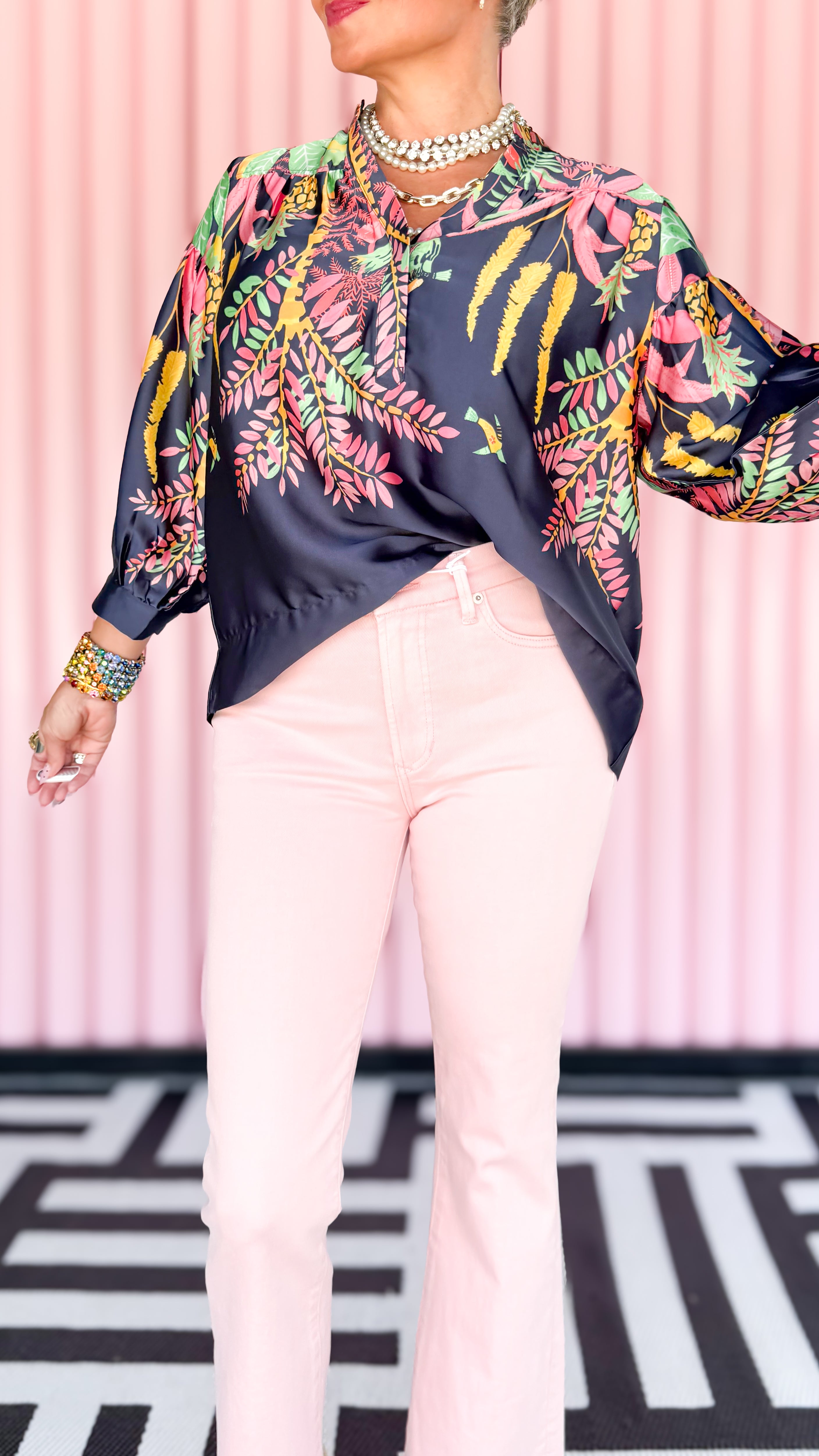 Tina Tropical Floral Top/Navy