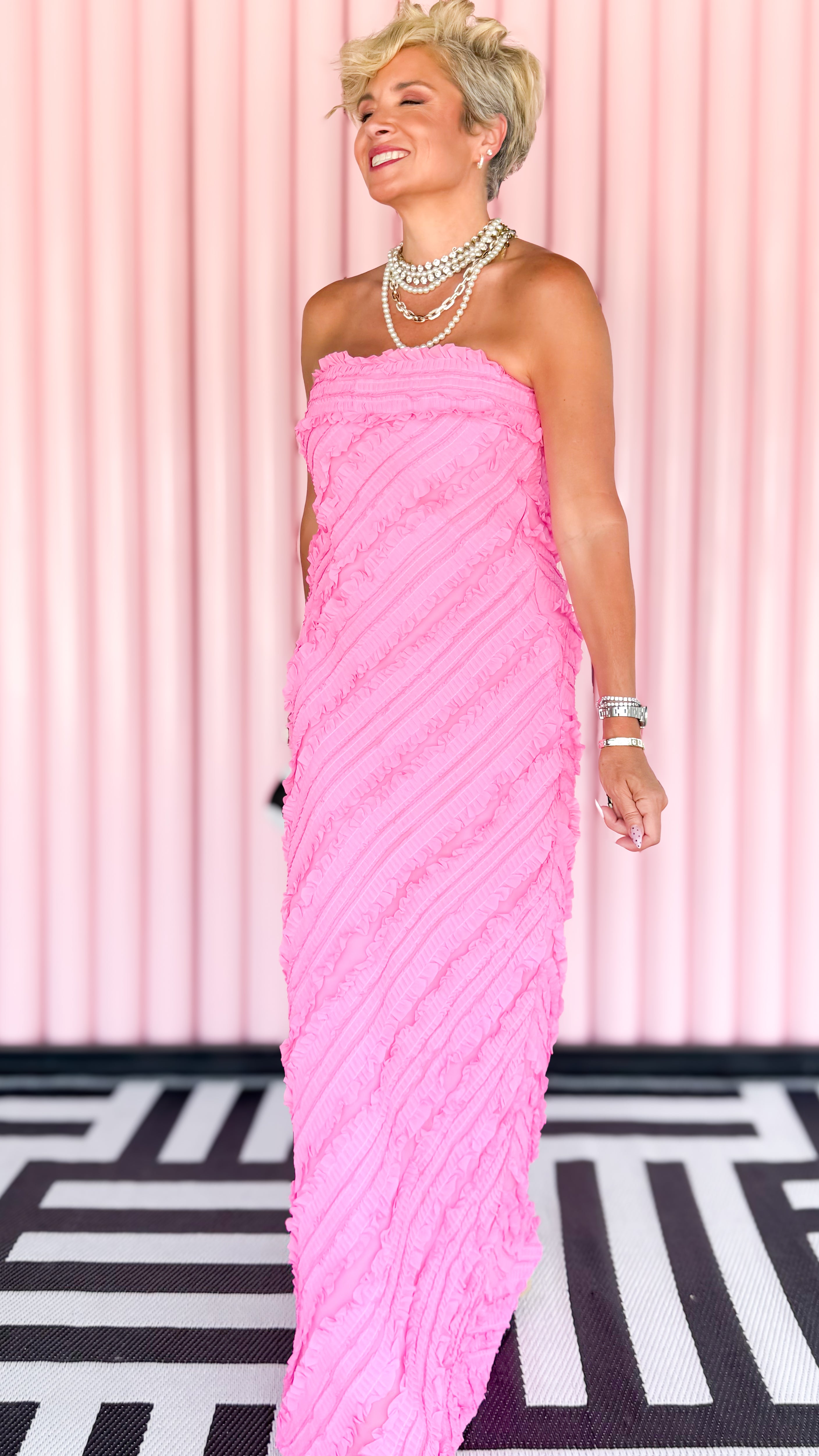 Strapless Ruffled Maxi Dress/Hot Pink