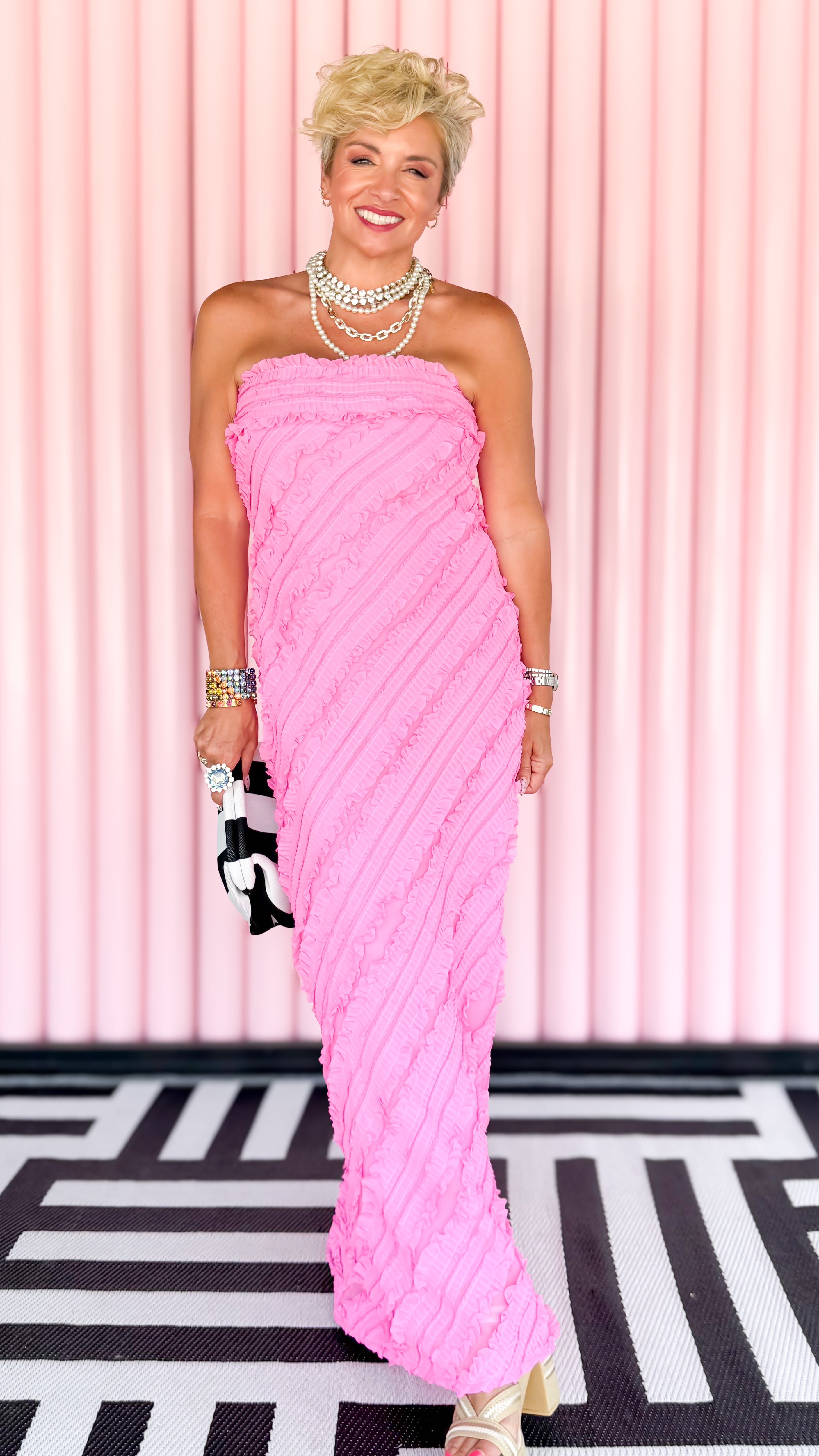 Strapless Ruffled Maxi Dress/Hot Pink