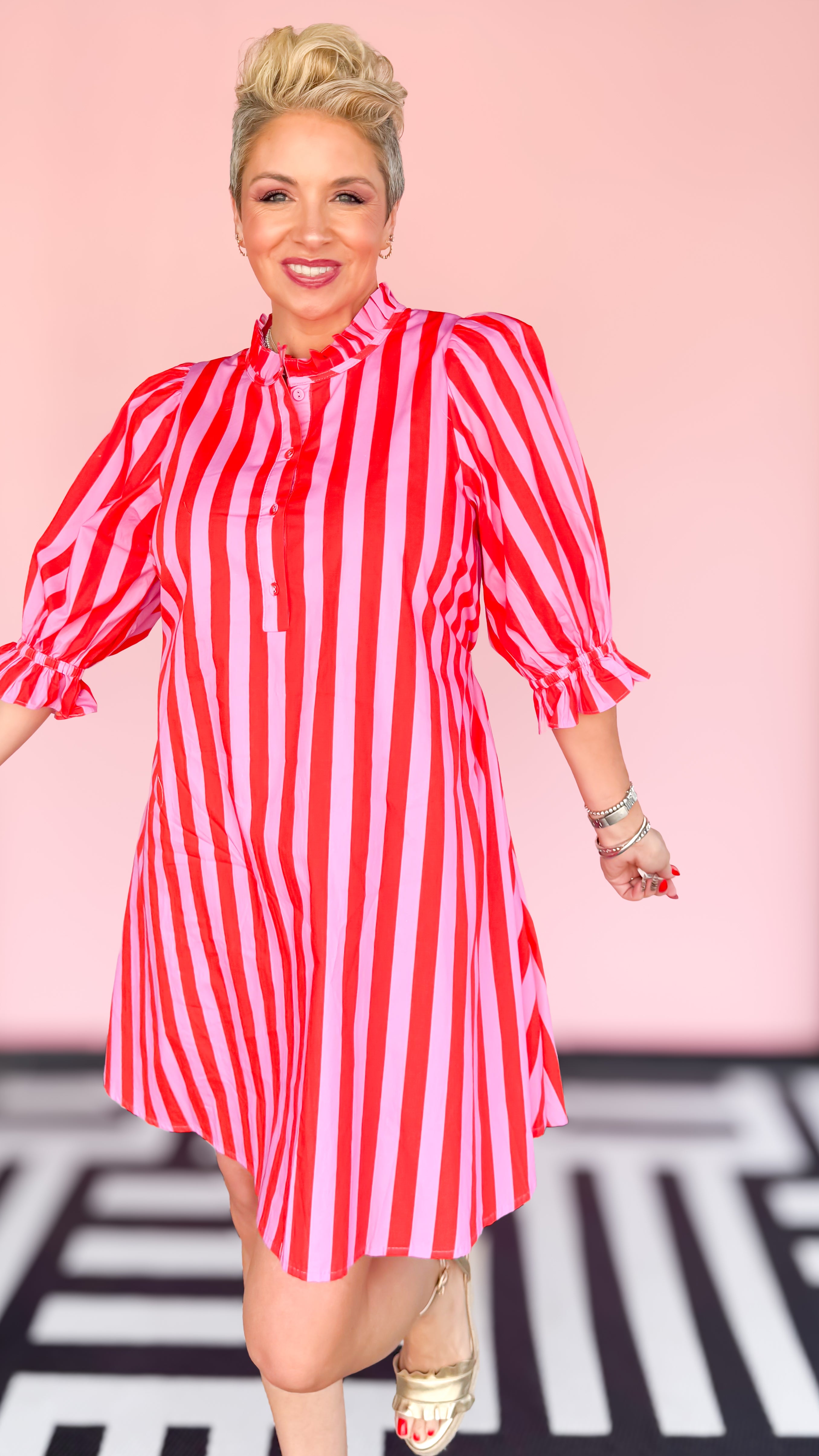 Pink/Red 3/4 Sleeve Stripe Dress - The BLVD