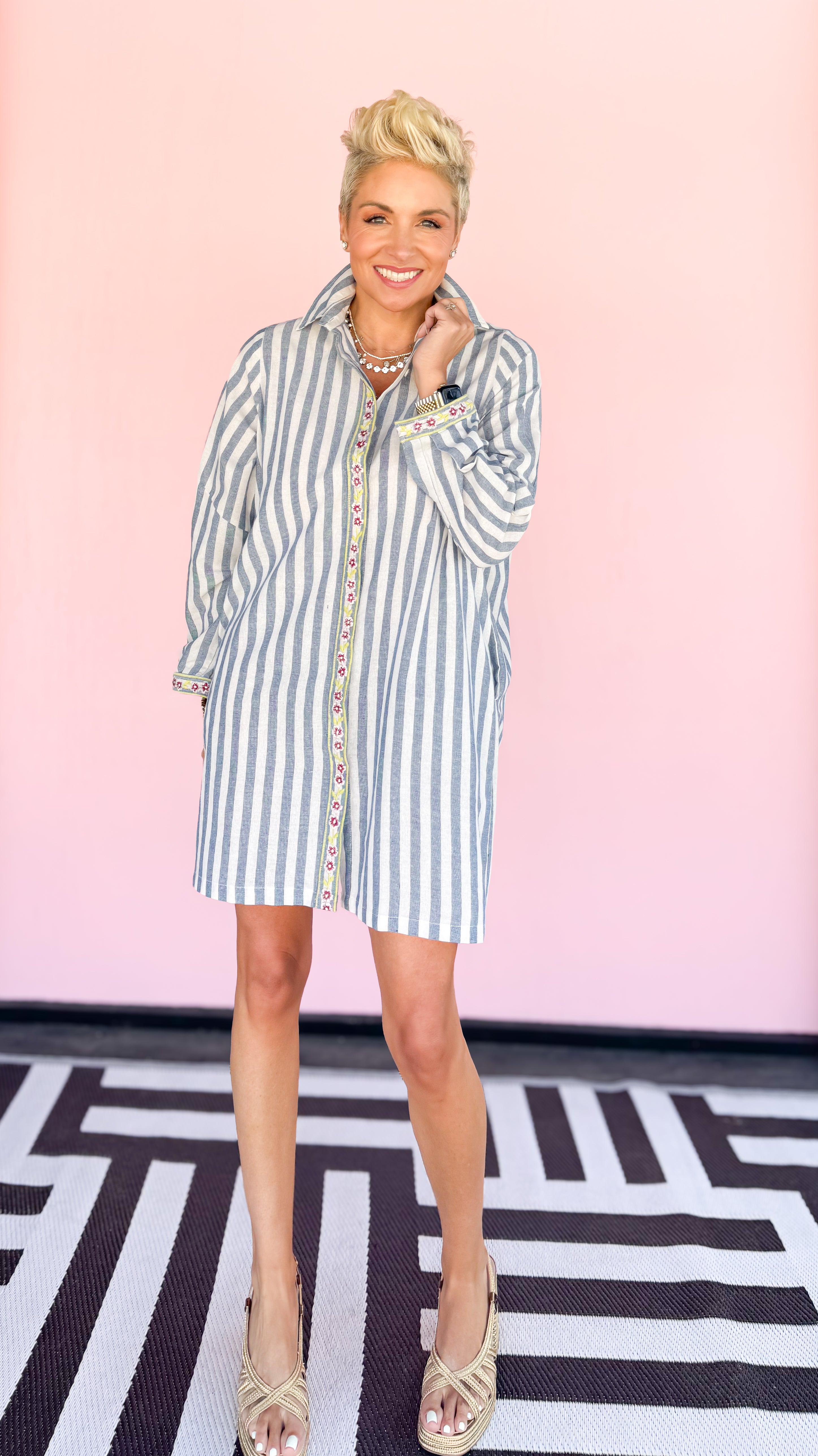 Stripe&Embroidered Tunic Top/Blue