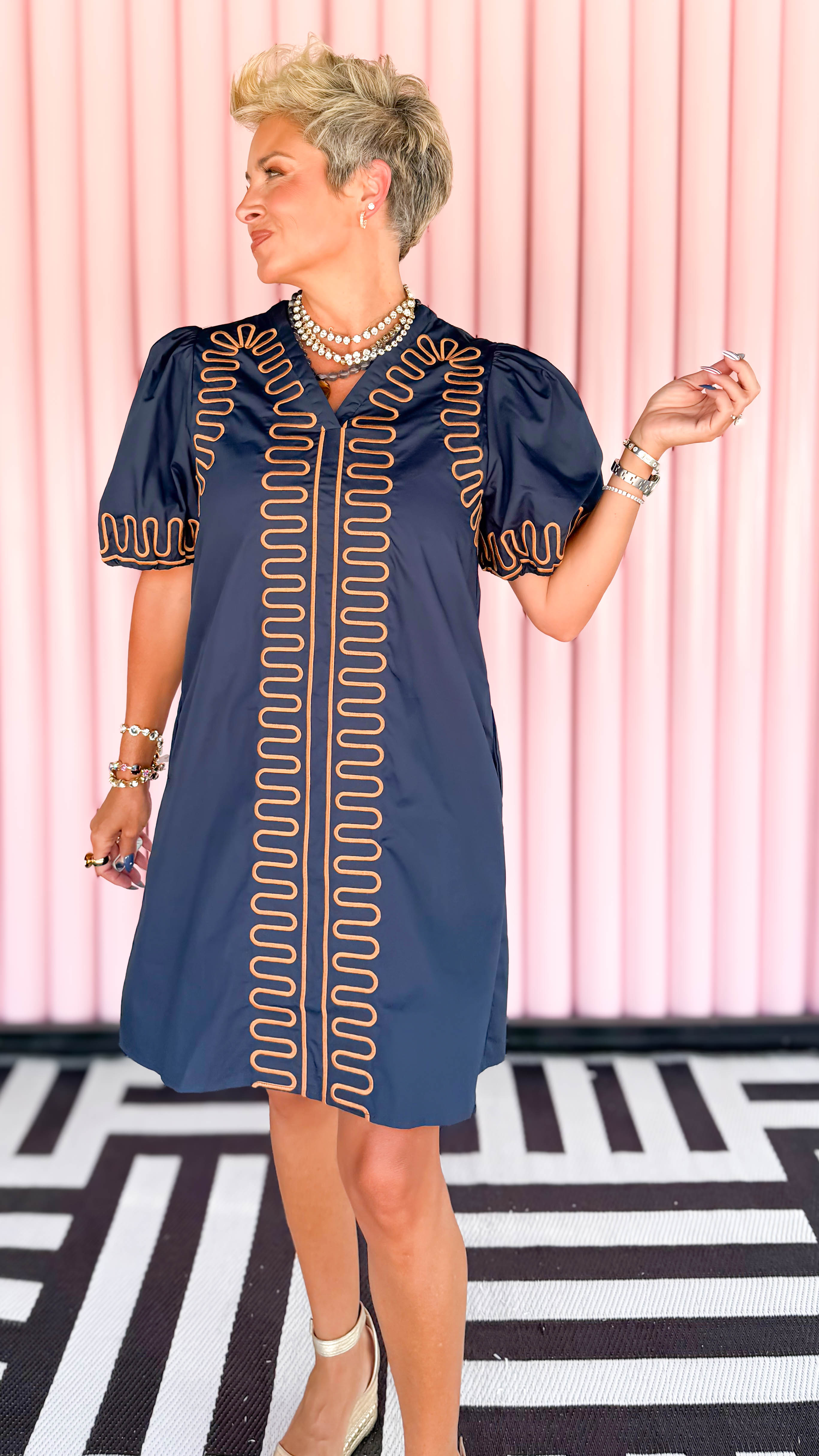 Squiggle Embroidery Mini Dress/Navy