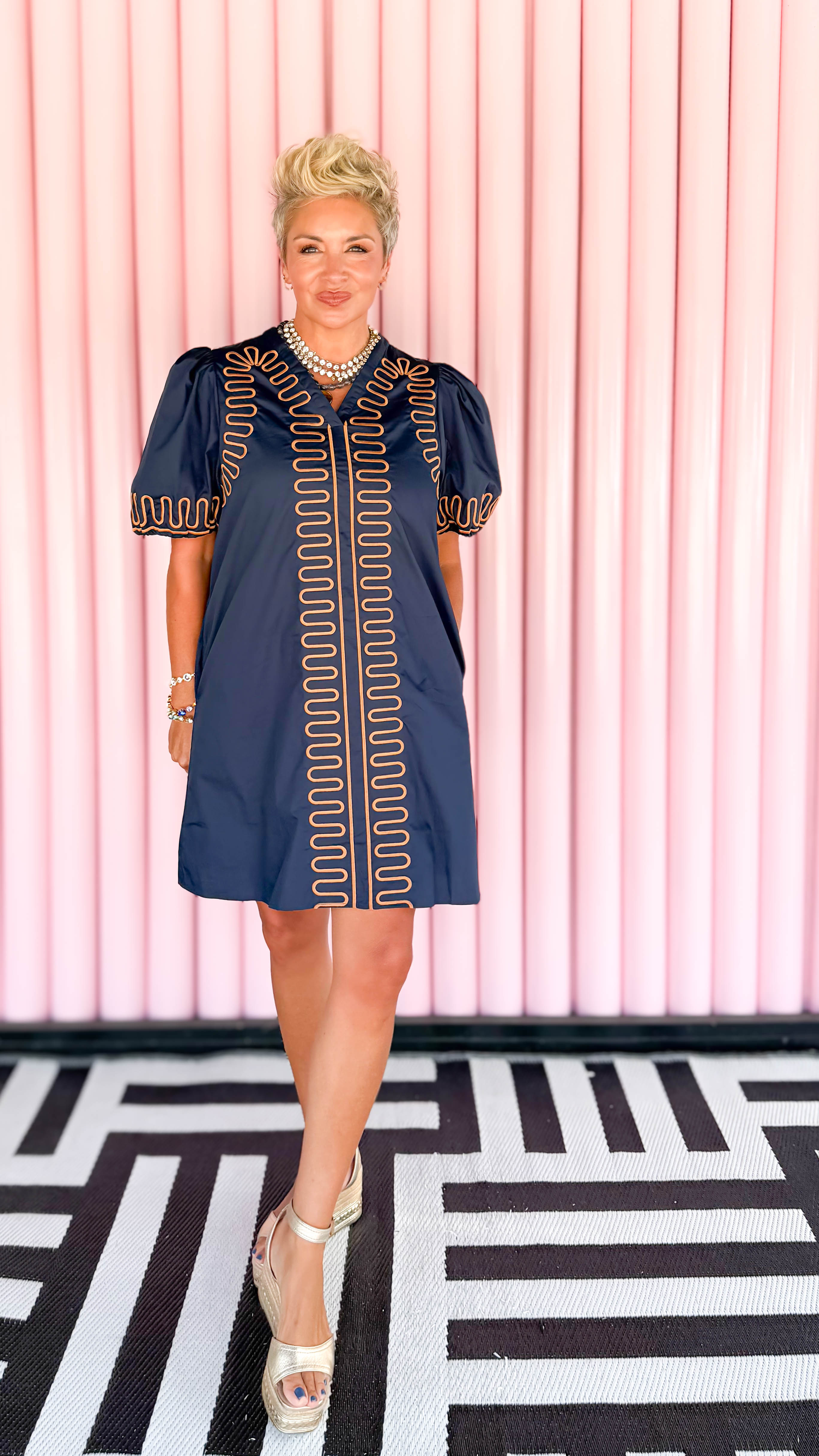 Squiggle Embroidery Mini Dress/Navy