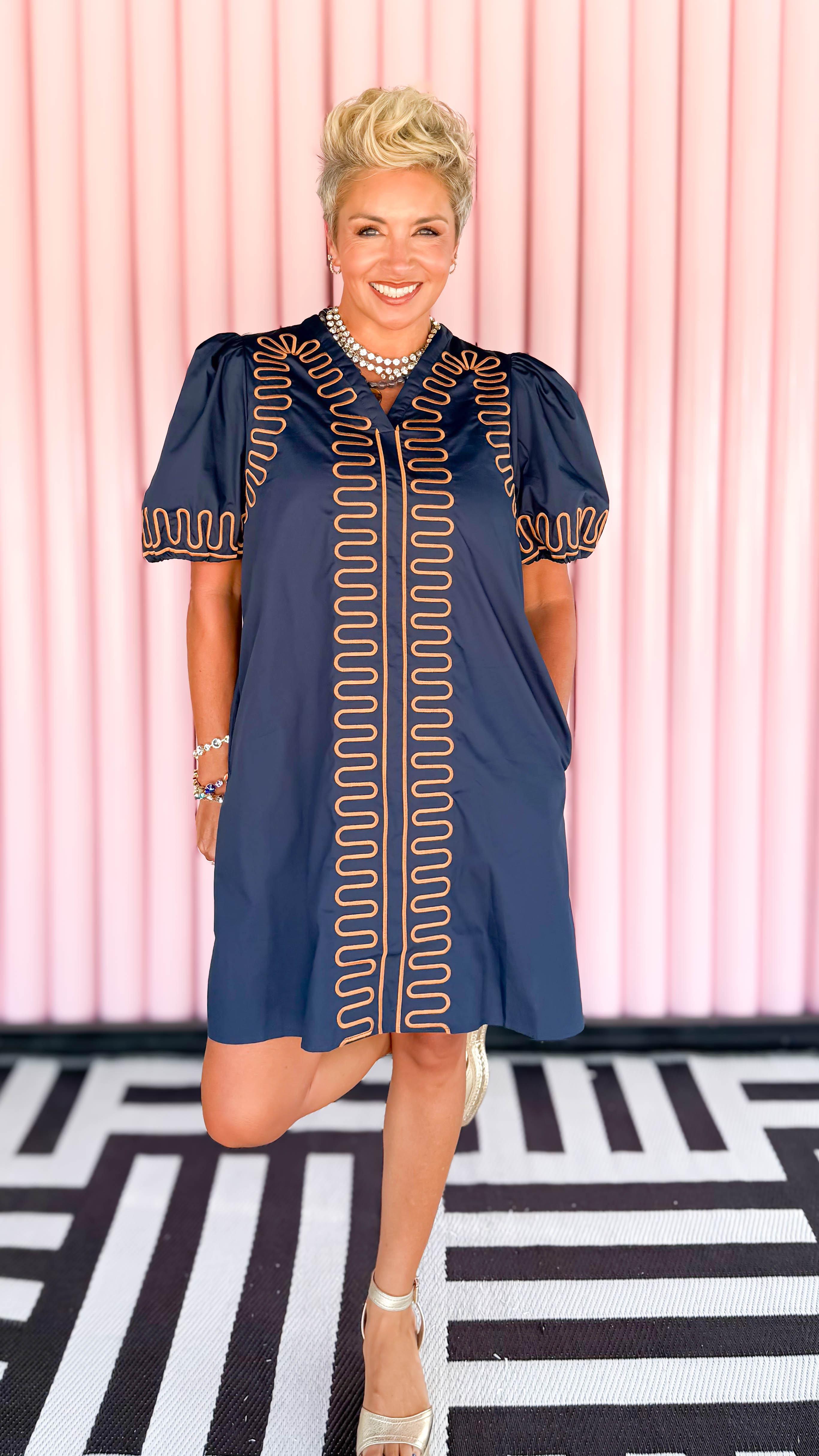 Squiggle Embroidery Mini Dress/Navy