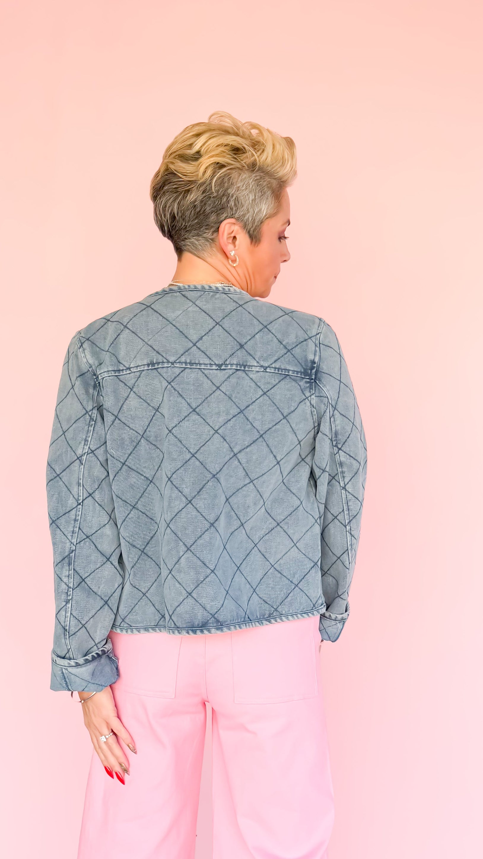 Stitch detail denim jacket worn on model - side view - BLVD Boutik
