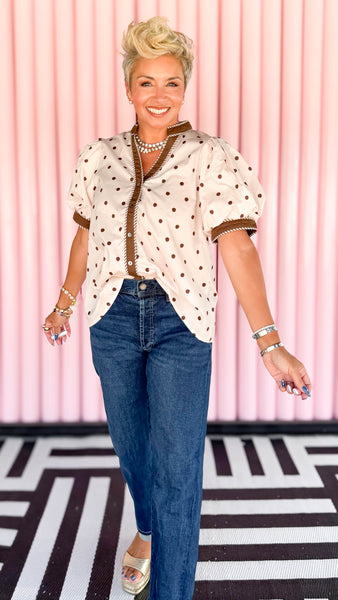 Emily Dot Puff Sleeve Top in Ecru | Polka Dot Button Top | The