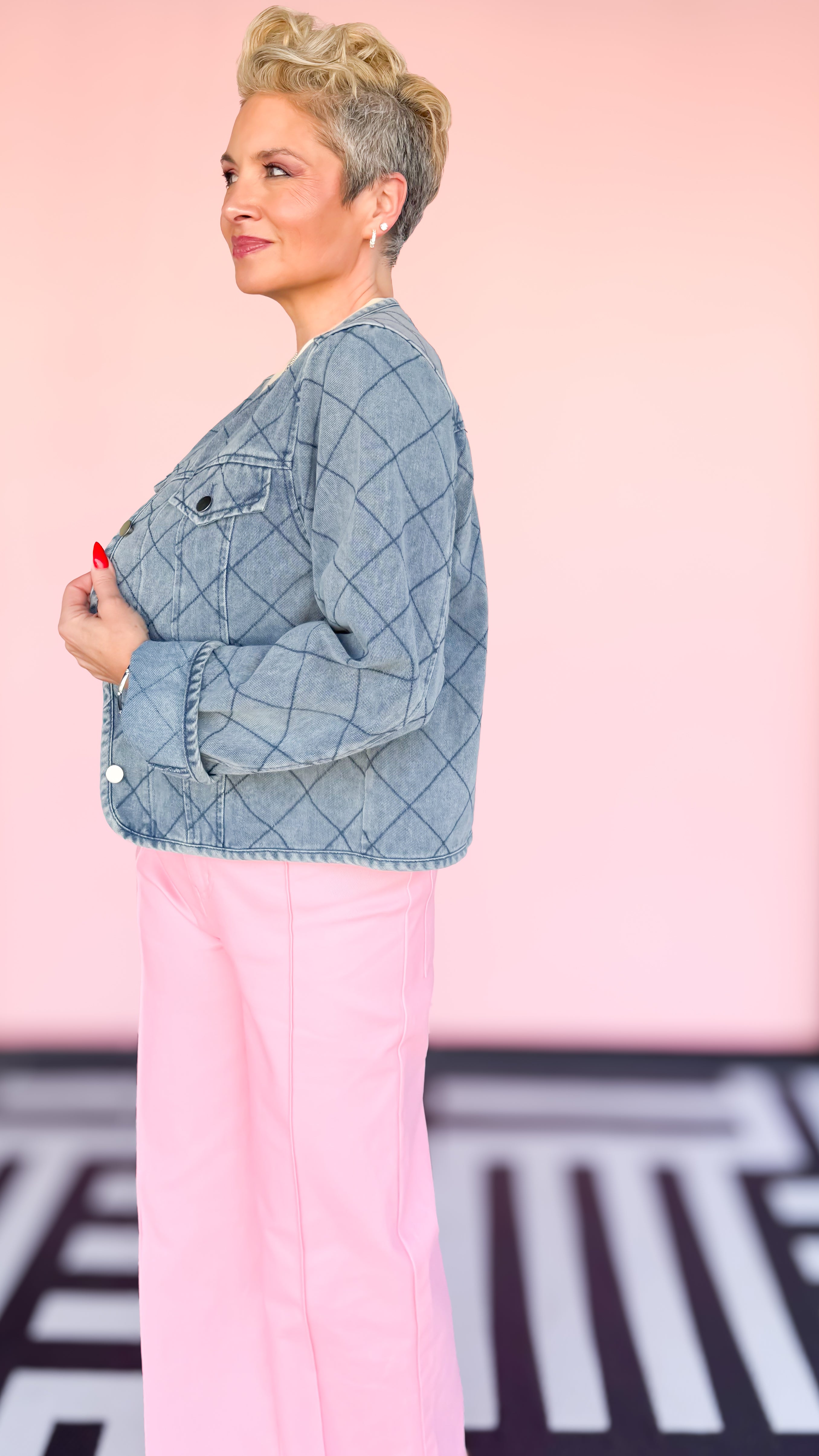 Stitch detail denim jacket worn on model - detail view - BLVD Boutik