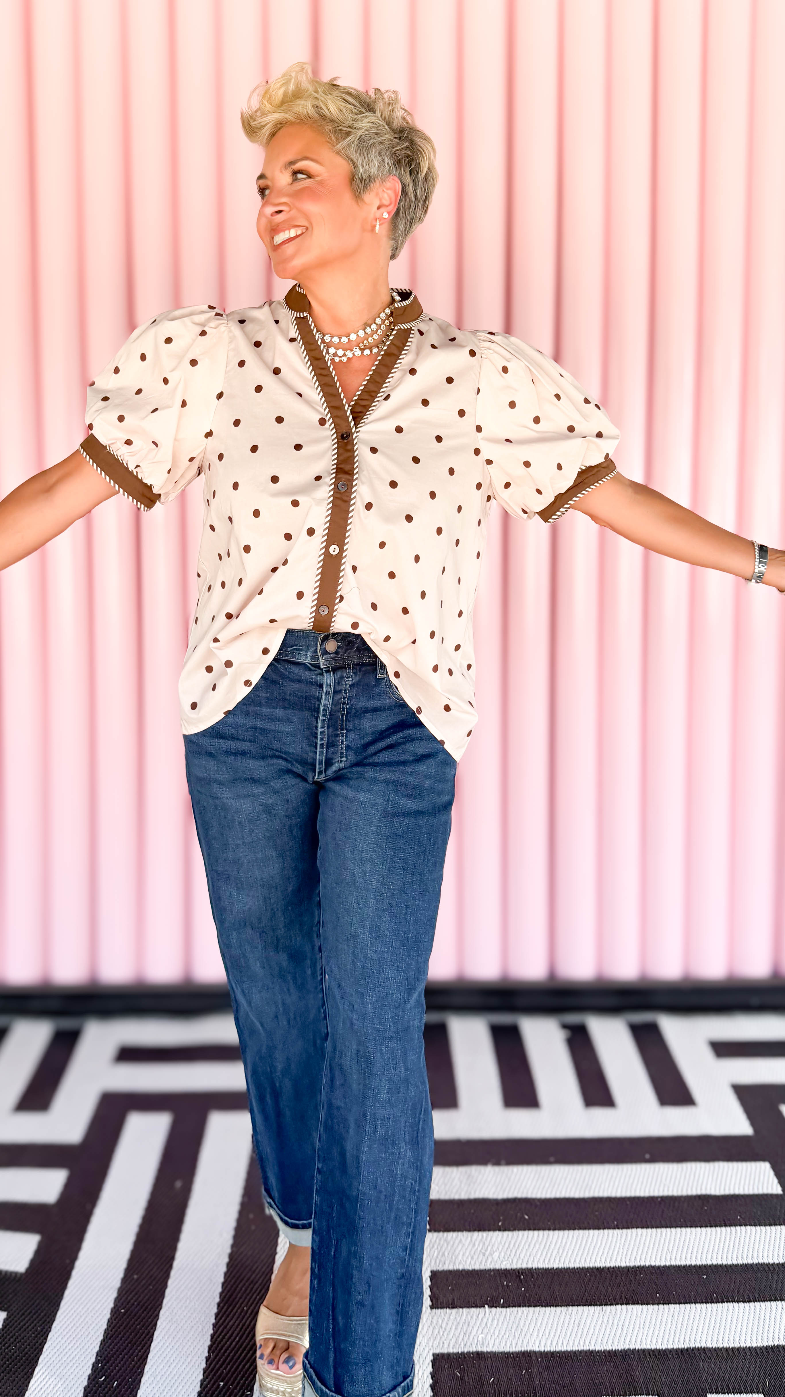Emily Dot Puff Sleeve Top in Ecru | Polka Dot Button Top | The