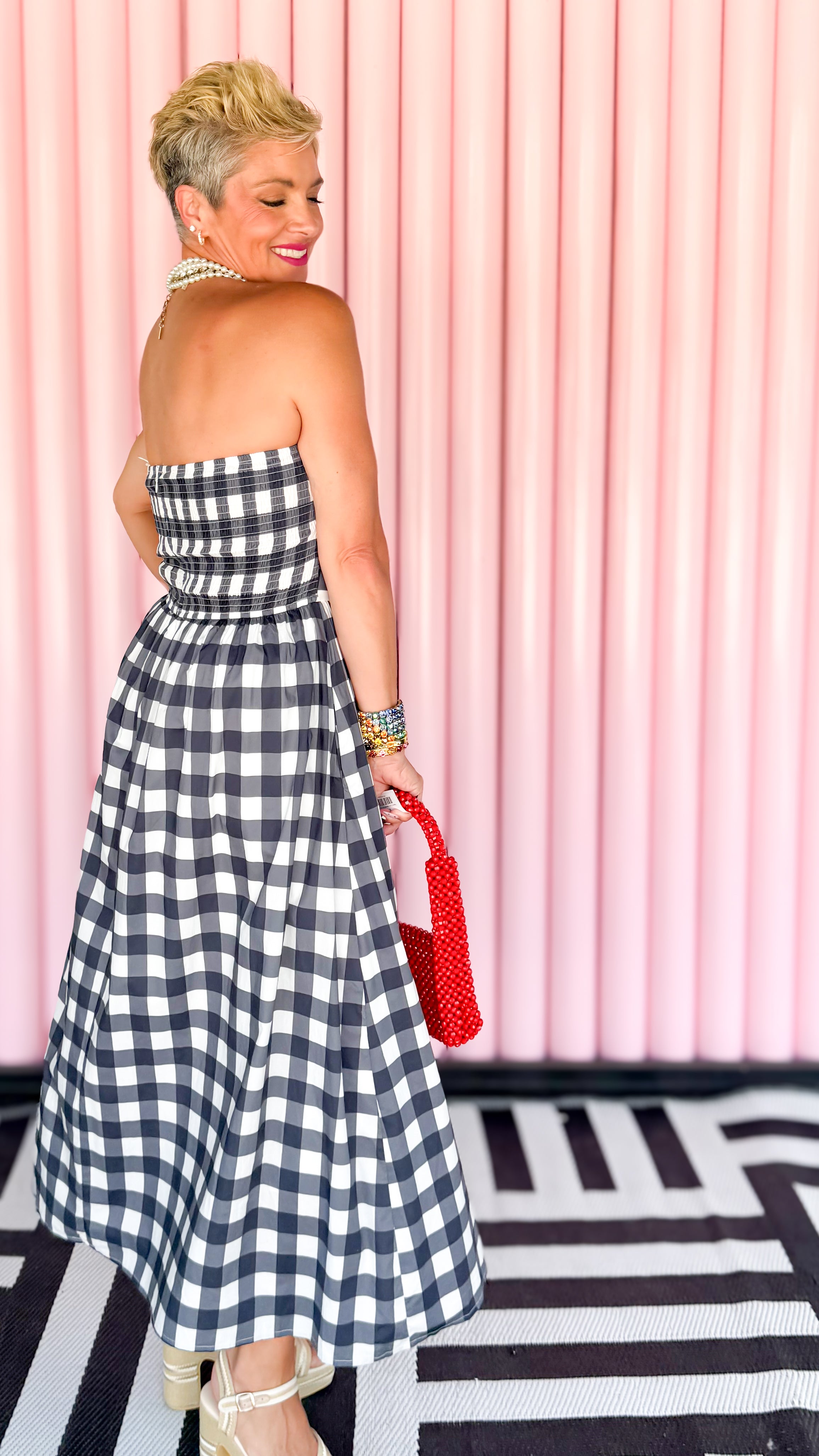 Gingham Strapless Dress/Navy