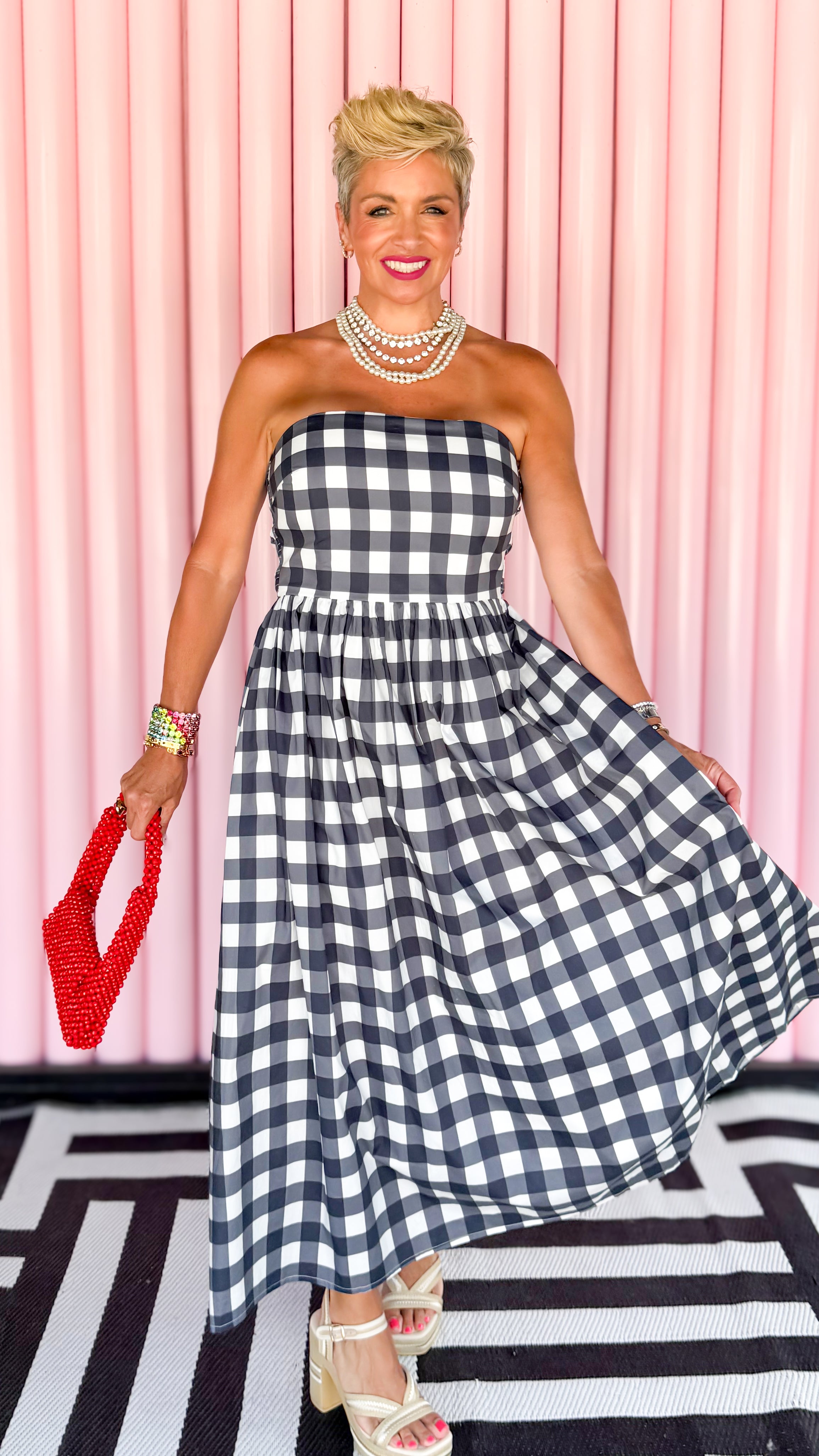 Gingham Strapless Dress/Navy