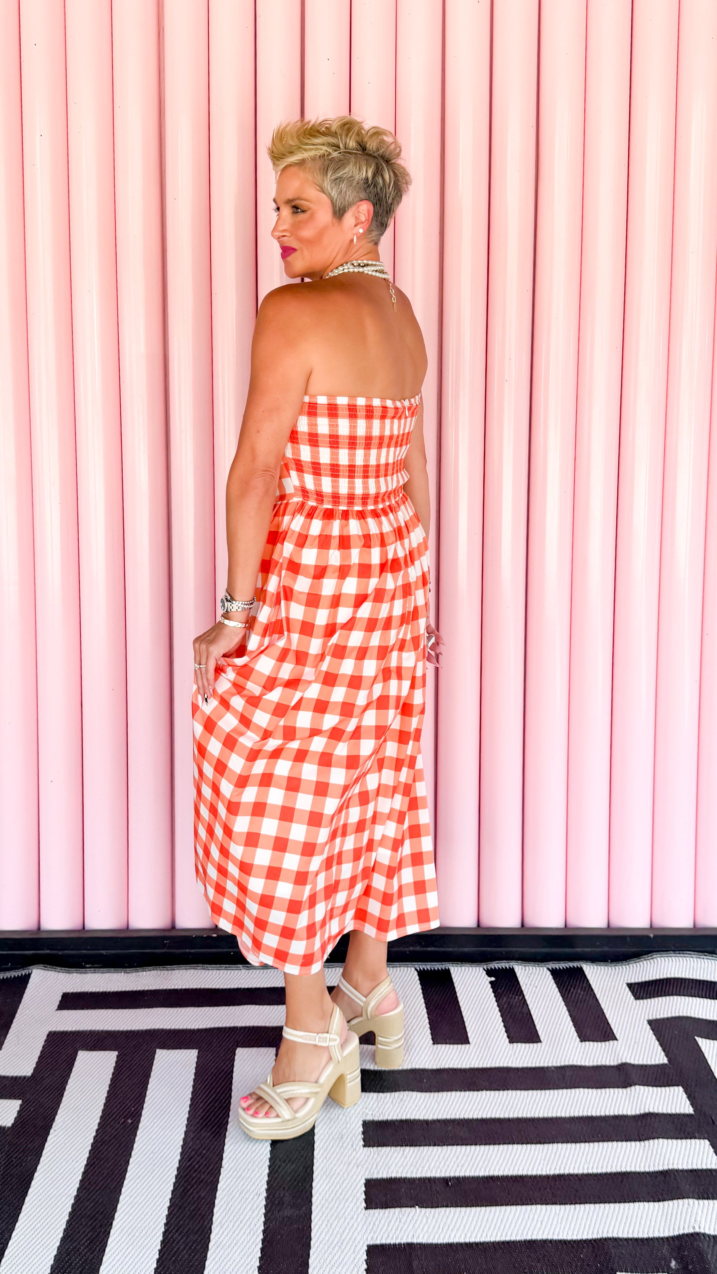 Gingham Strapless Dress/Orange
