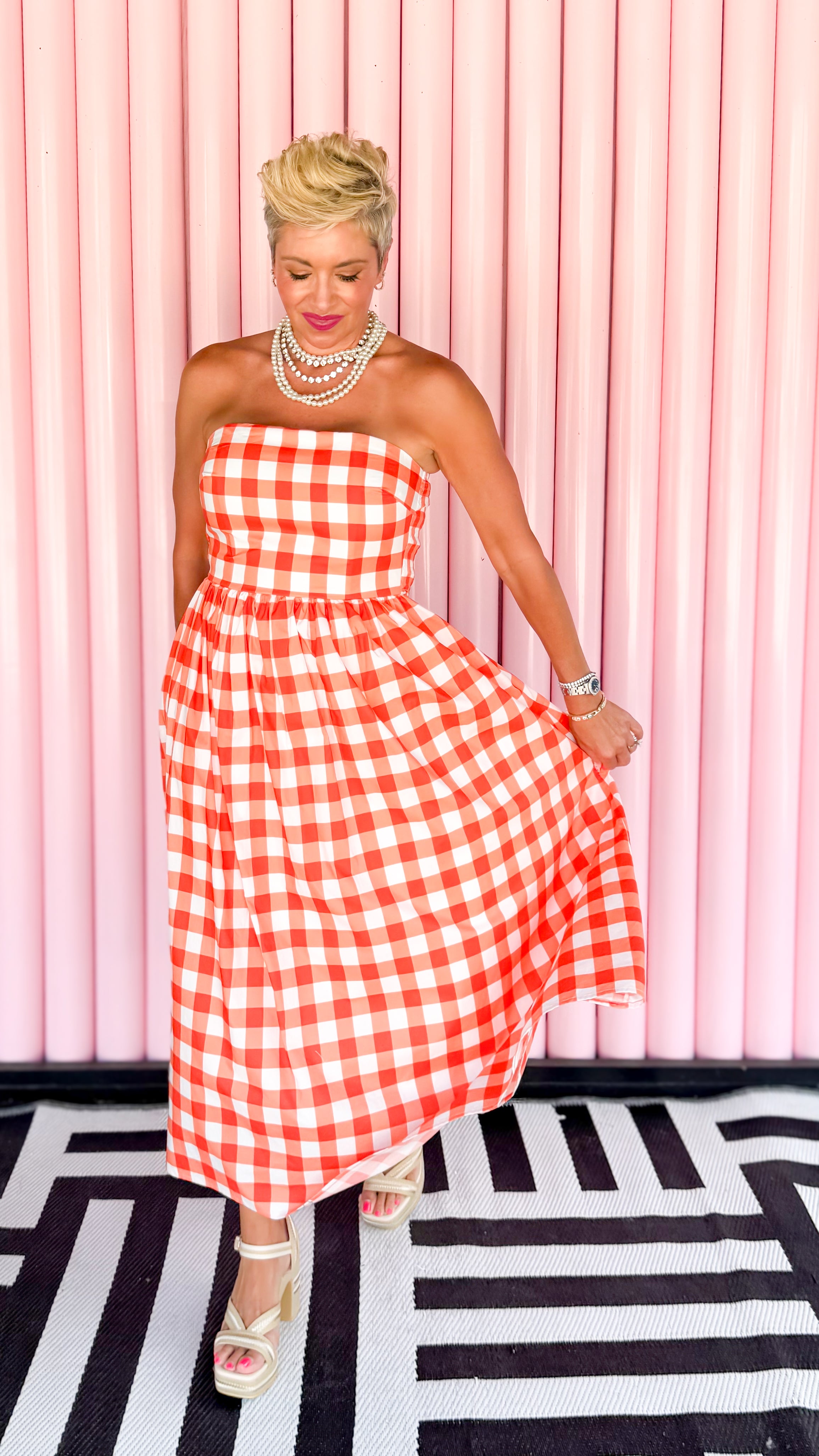 Gingham Strapless Dress/Orange