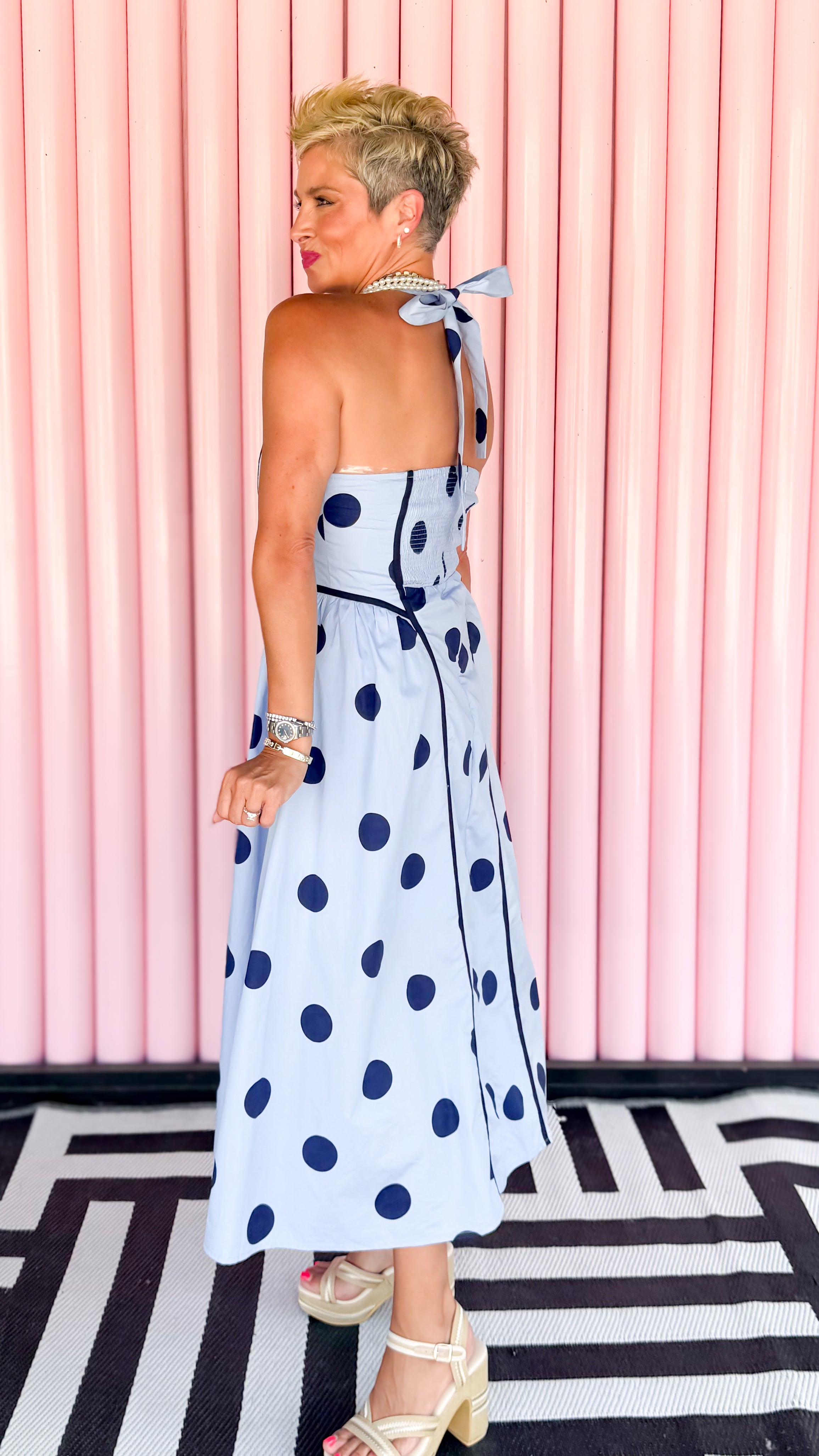 Polka Dot Halter Midi Dress/Navy