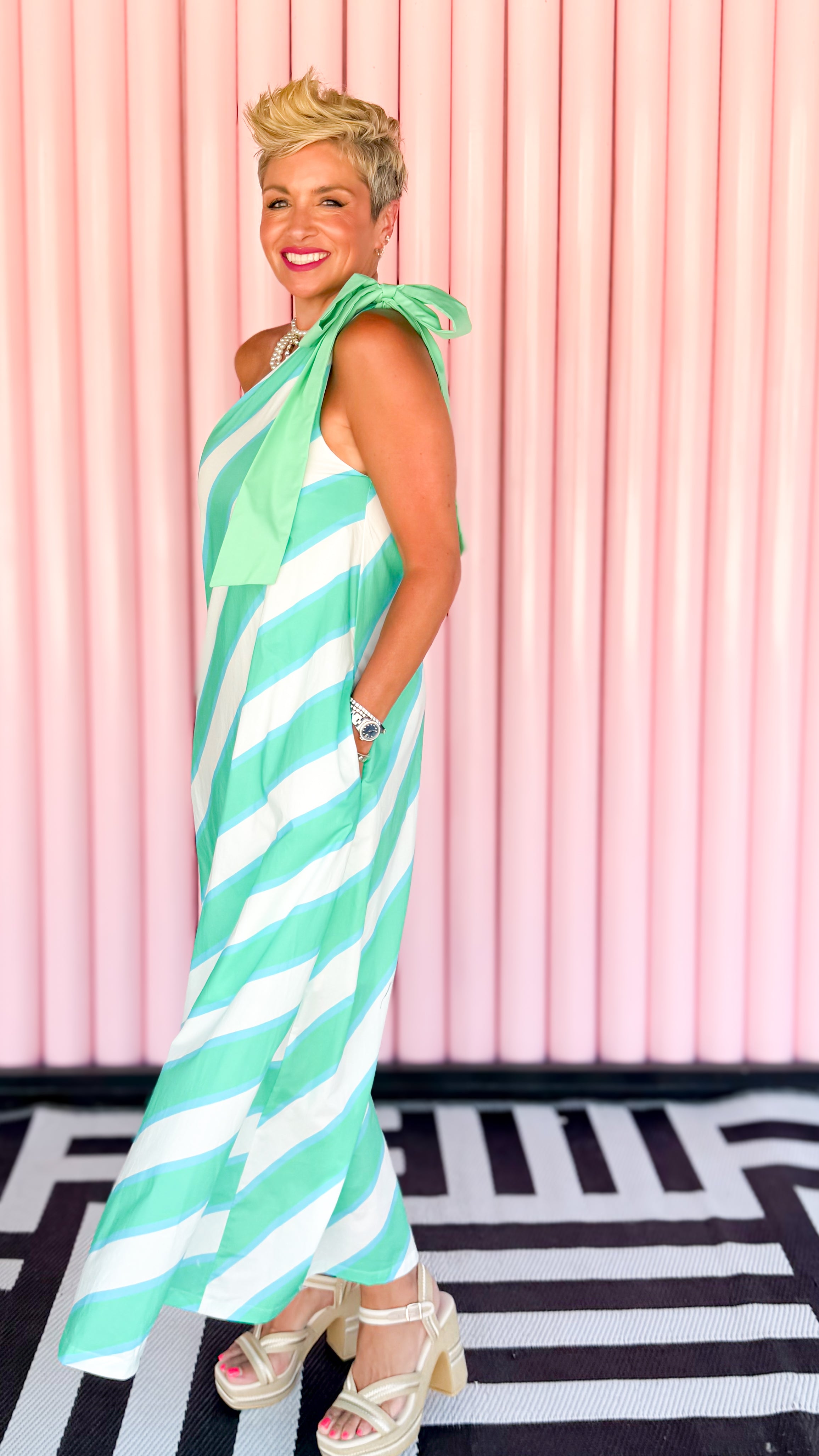 One Shoulder Striped Dress/Mint