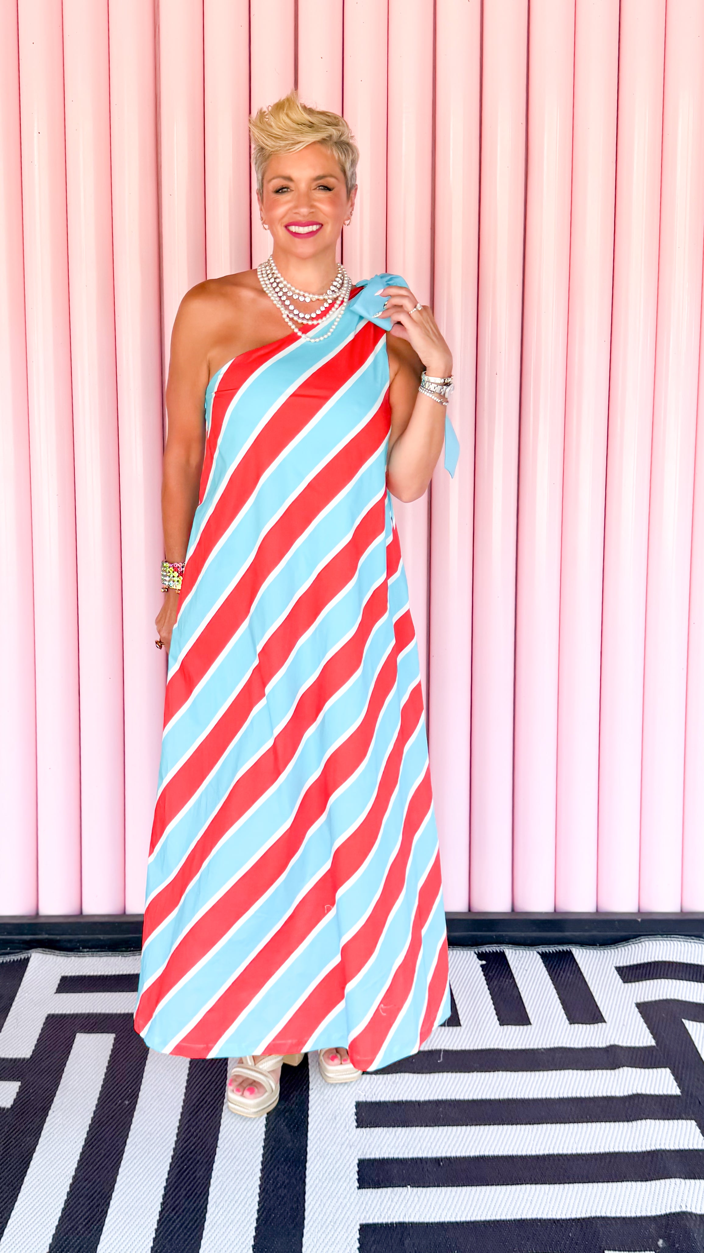 One Shoulder Striped Dress/Blue