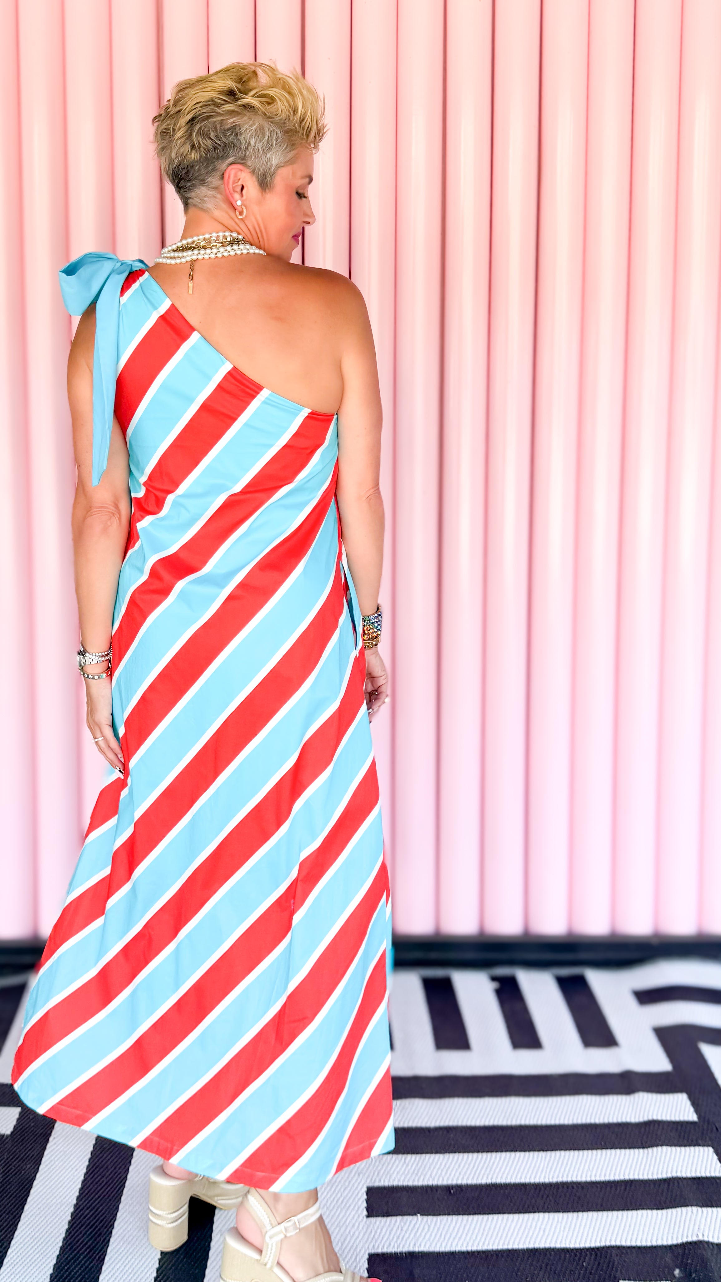 One Shoulder Striped Dress/Blue