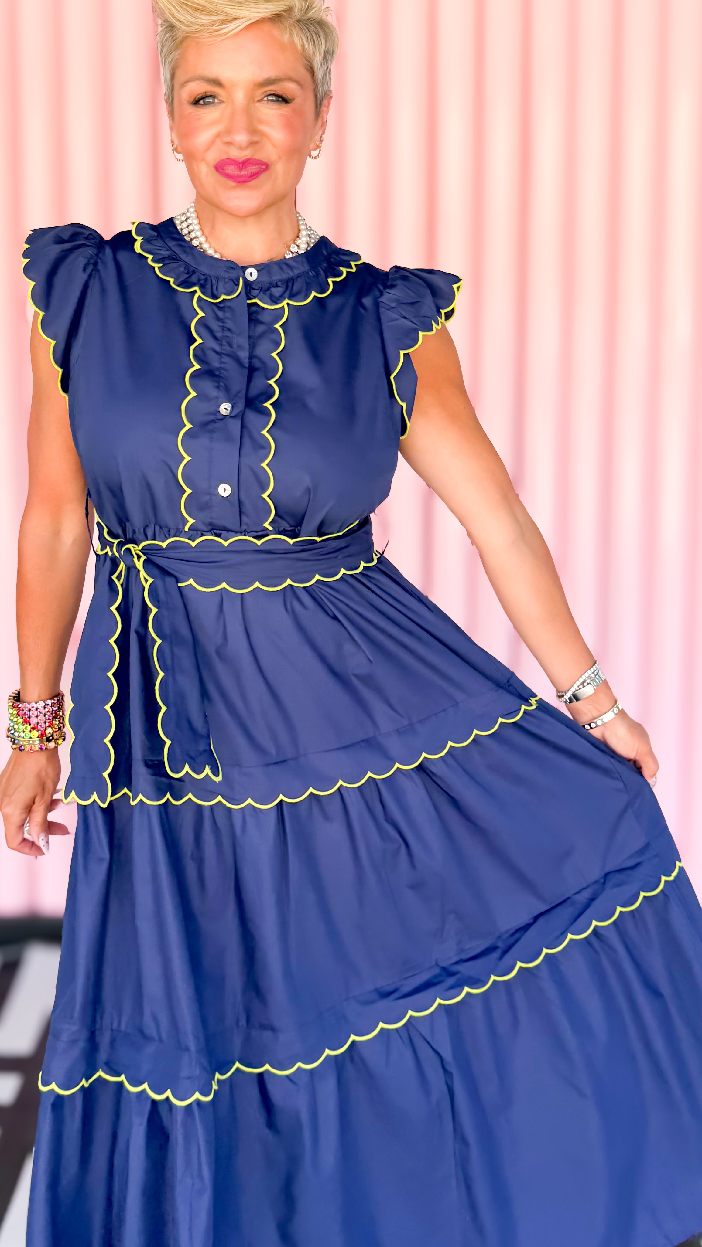 Lime Trimmed Scalloped Dress/Navy