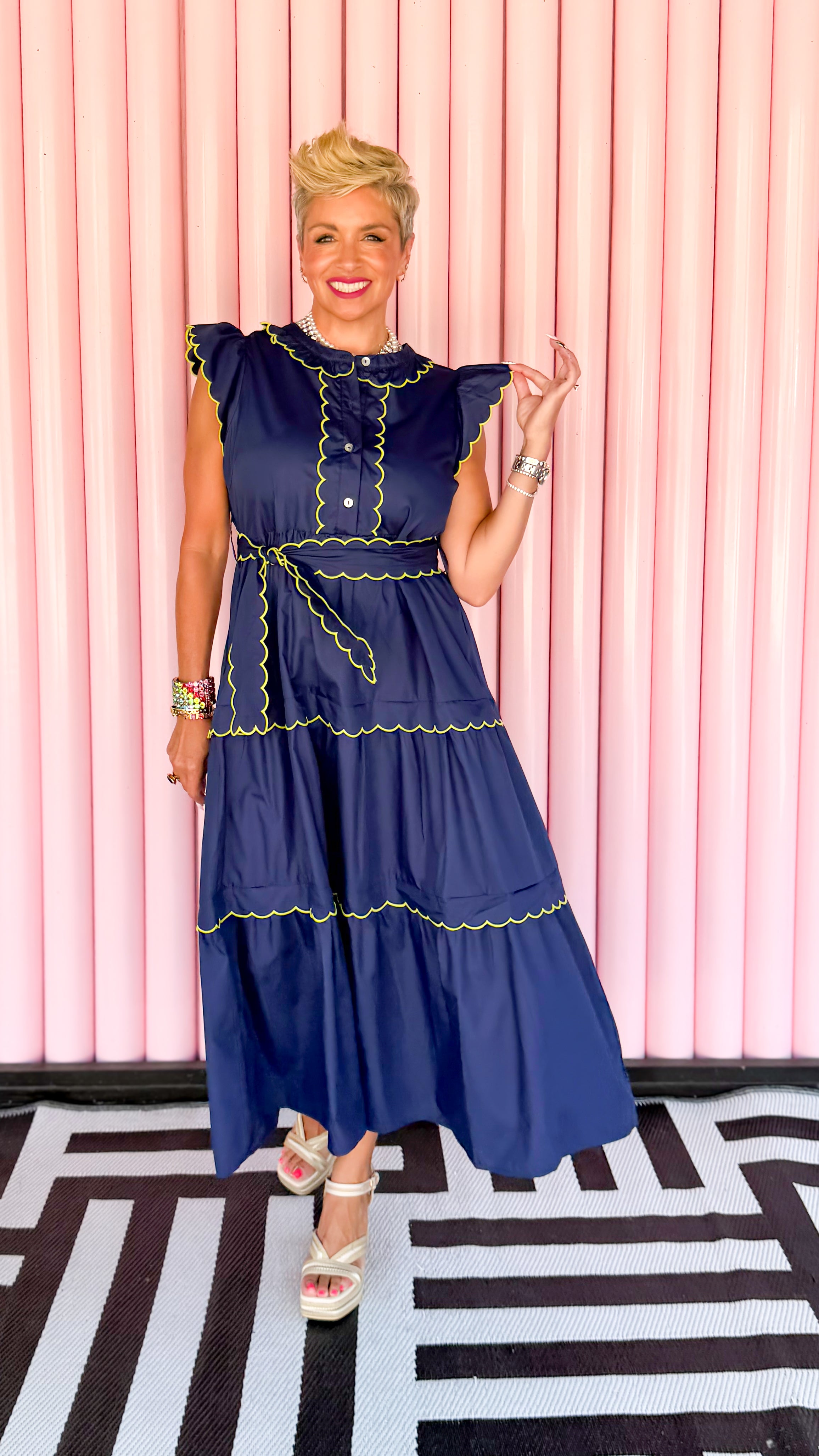 Lime Trimmed Scalloped Dress/Navy