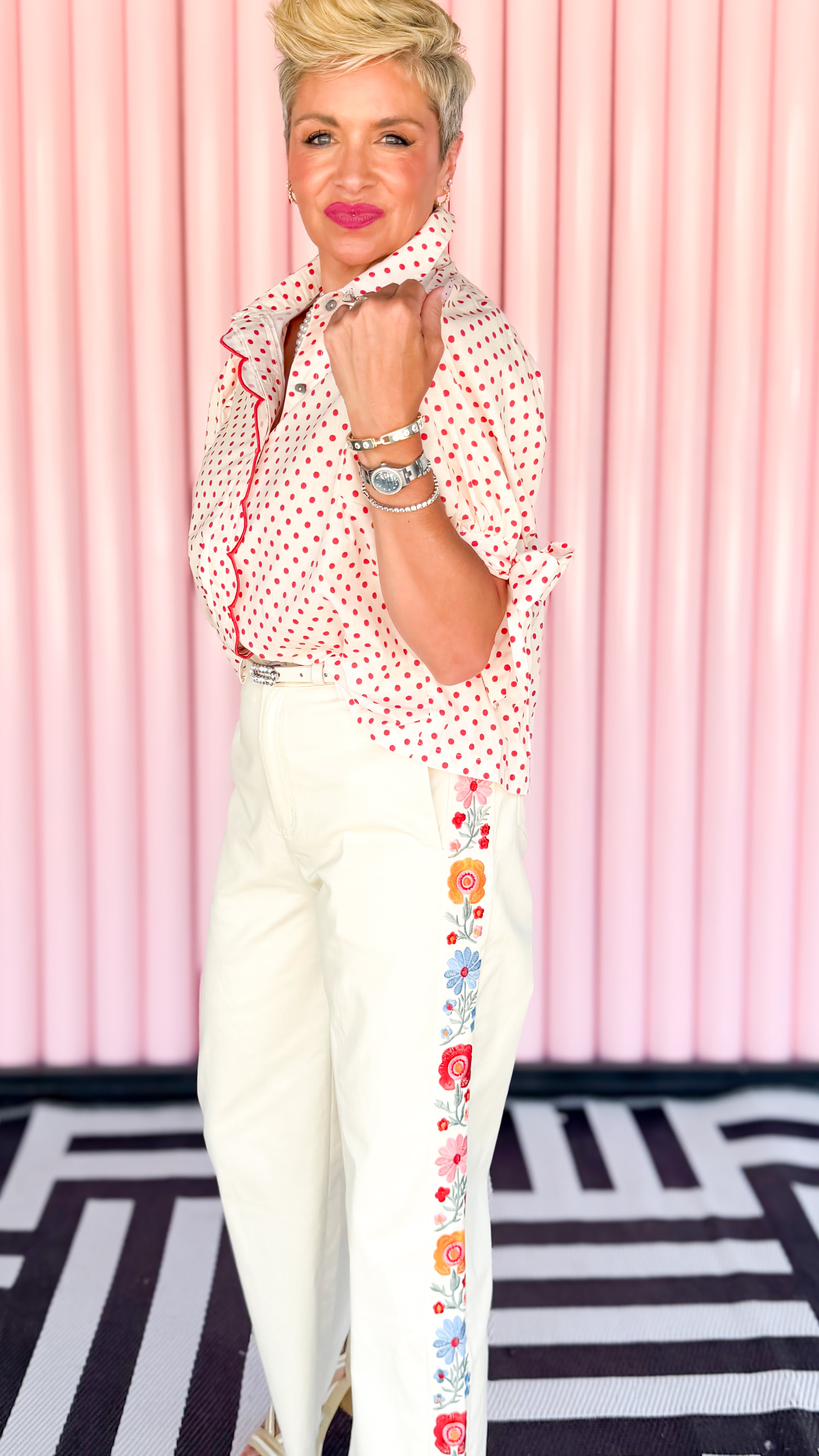 Embroidered Side Panel Pants/Cream