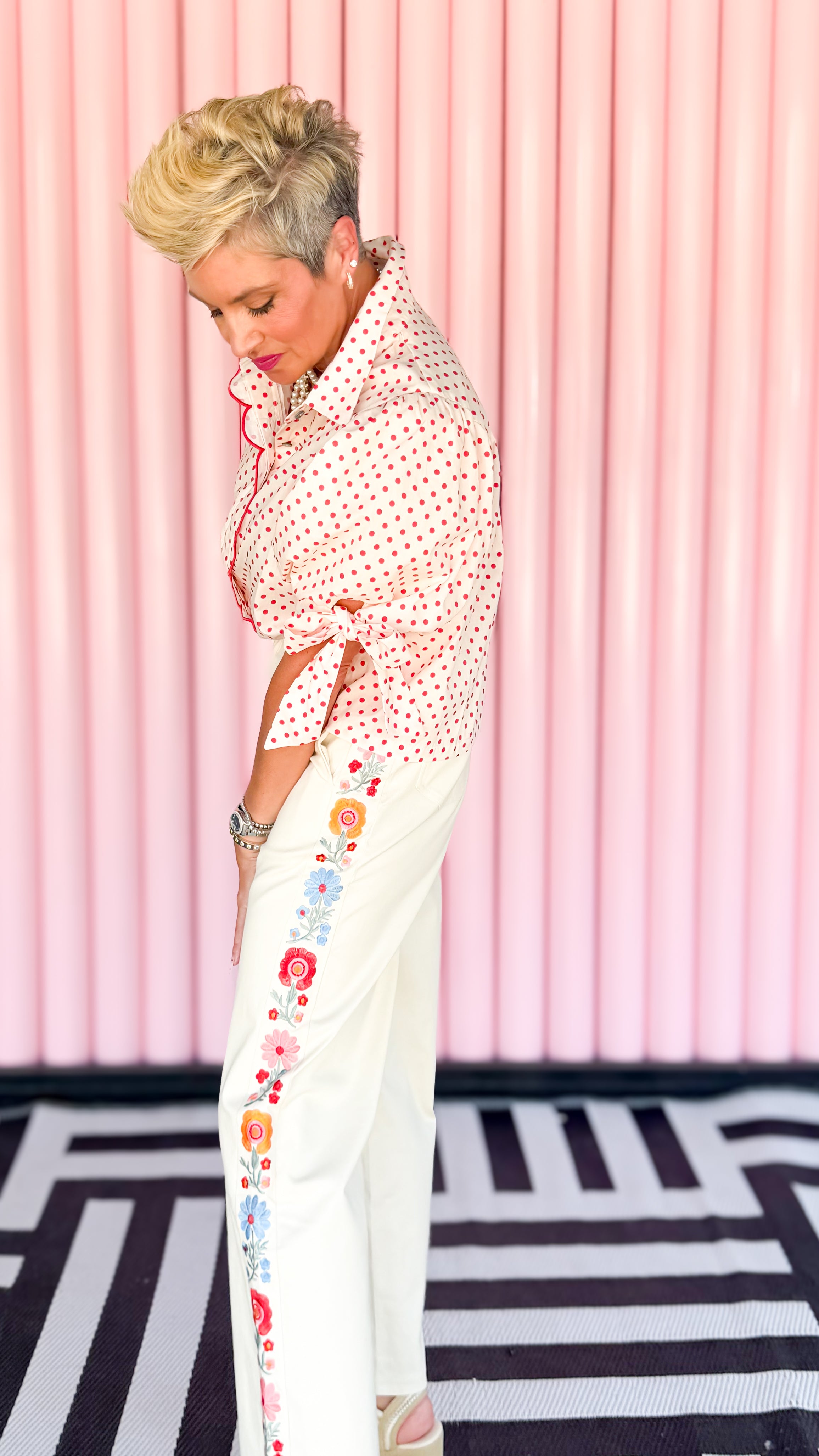 Embroidered Side Panel Pants/Cream