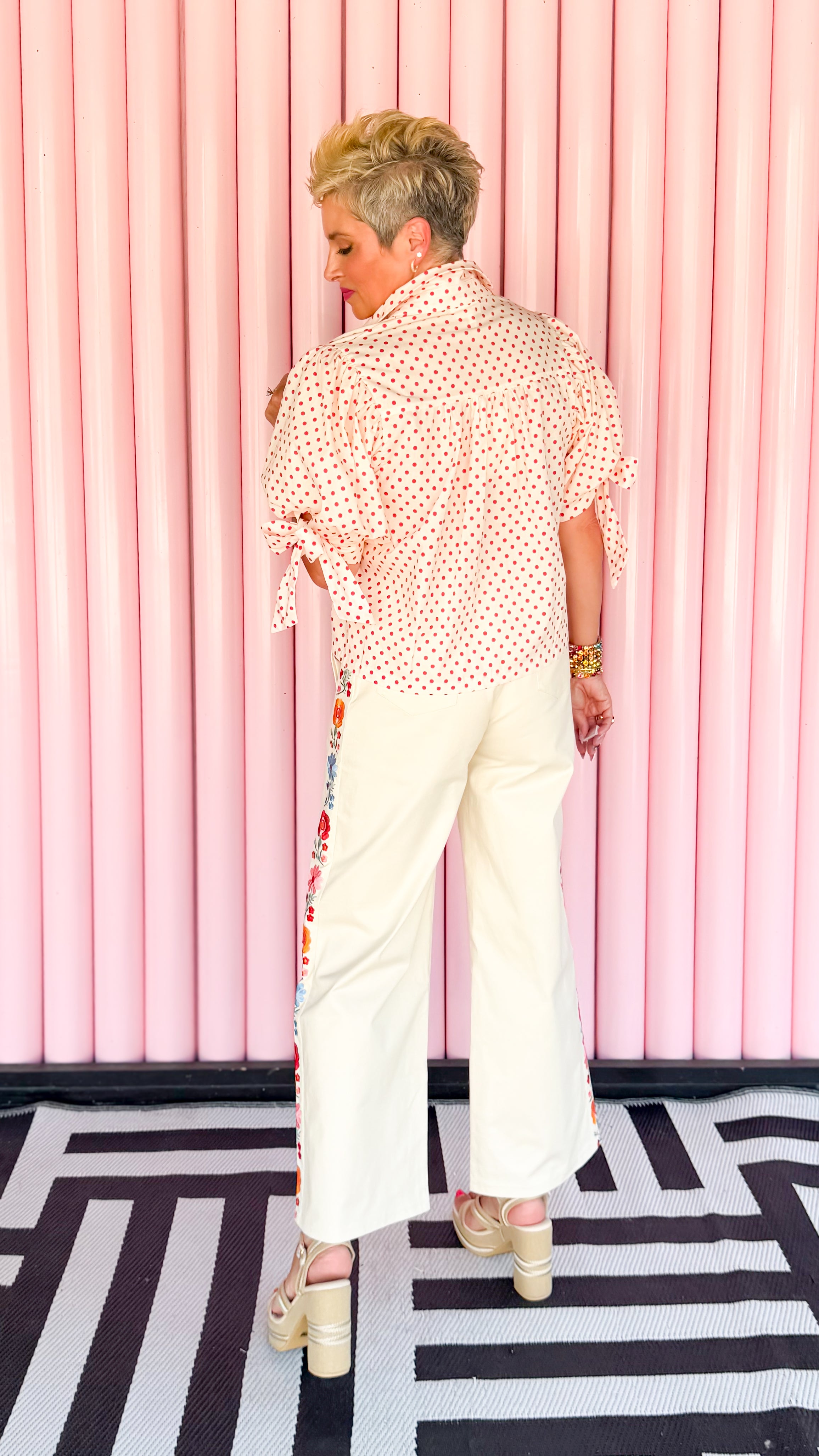 Embroidered Side Panel Pants/Cream