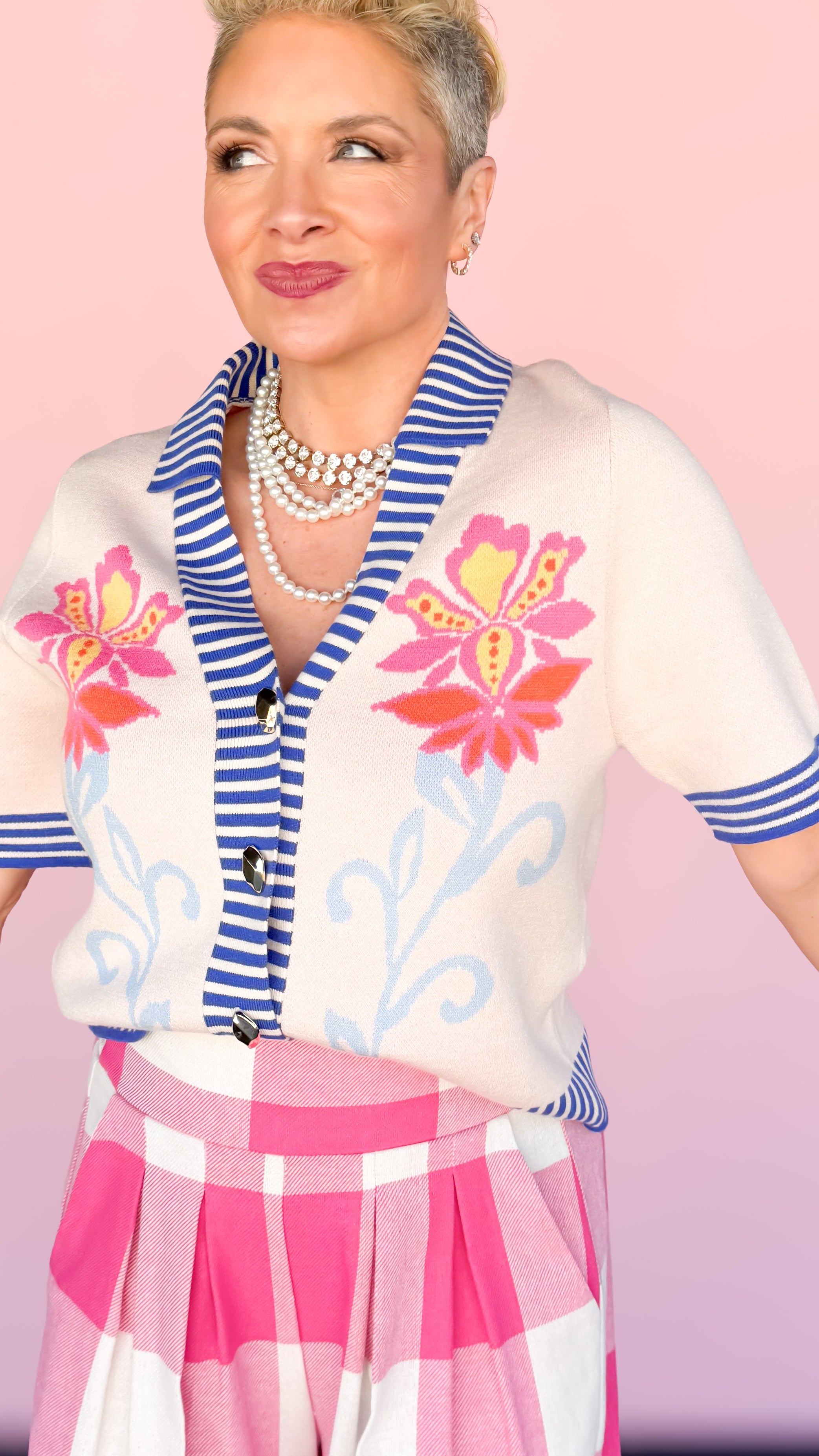 Stripe/Floral Short Sleeve Cardigan/Cream - The BLVD