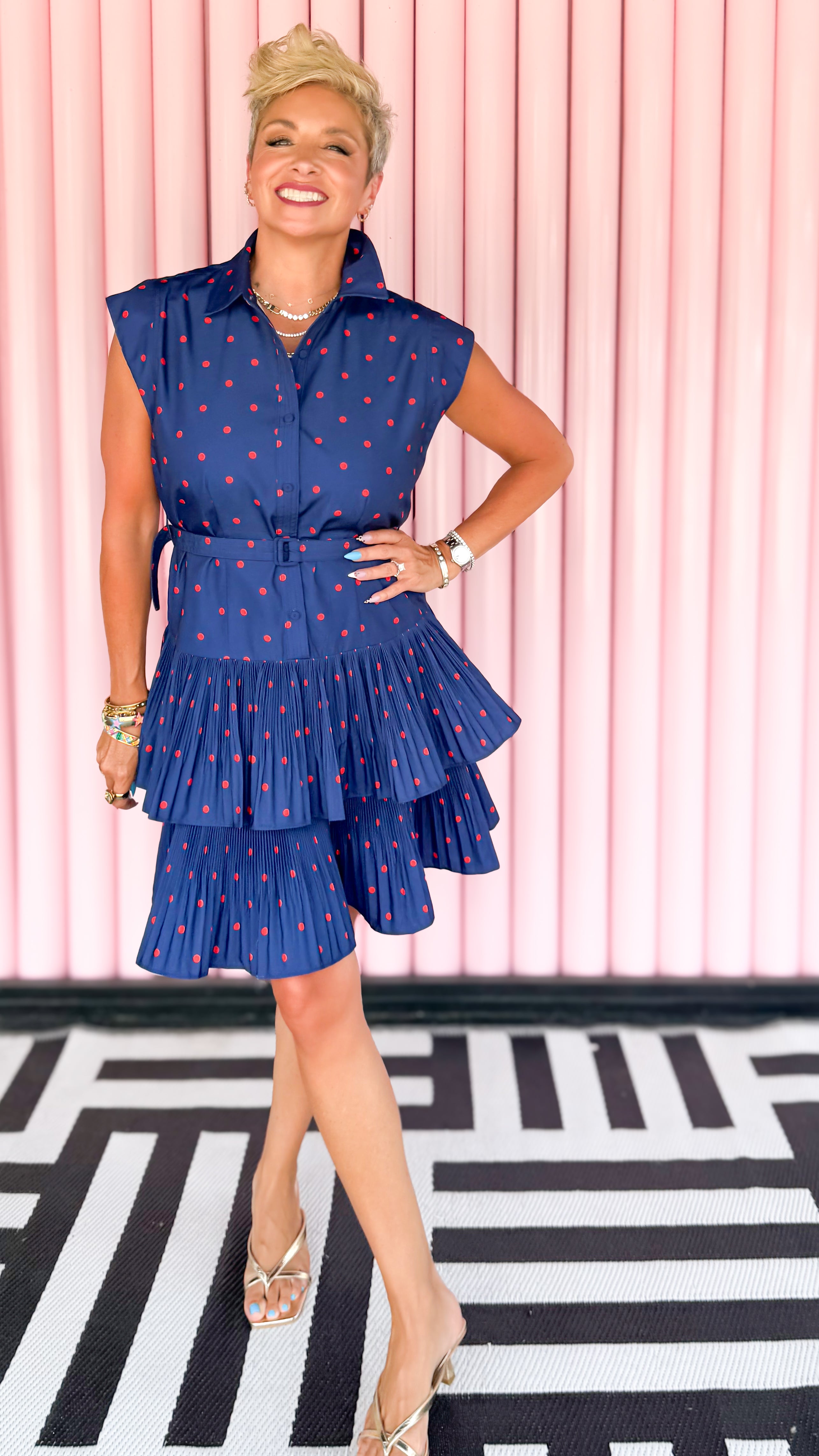 Polka Dot Belted Sleeveless Dress/Navy